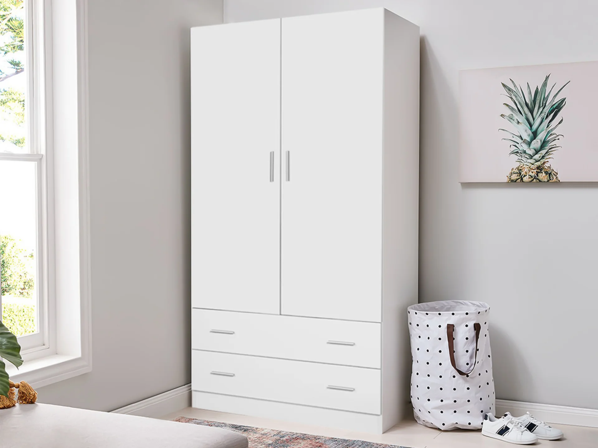 Bram 2 Door Wardrobe with 2 Drawers - White - Image 2