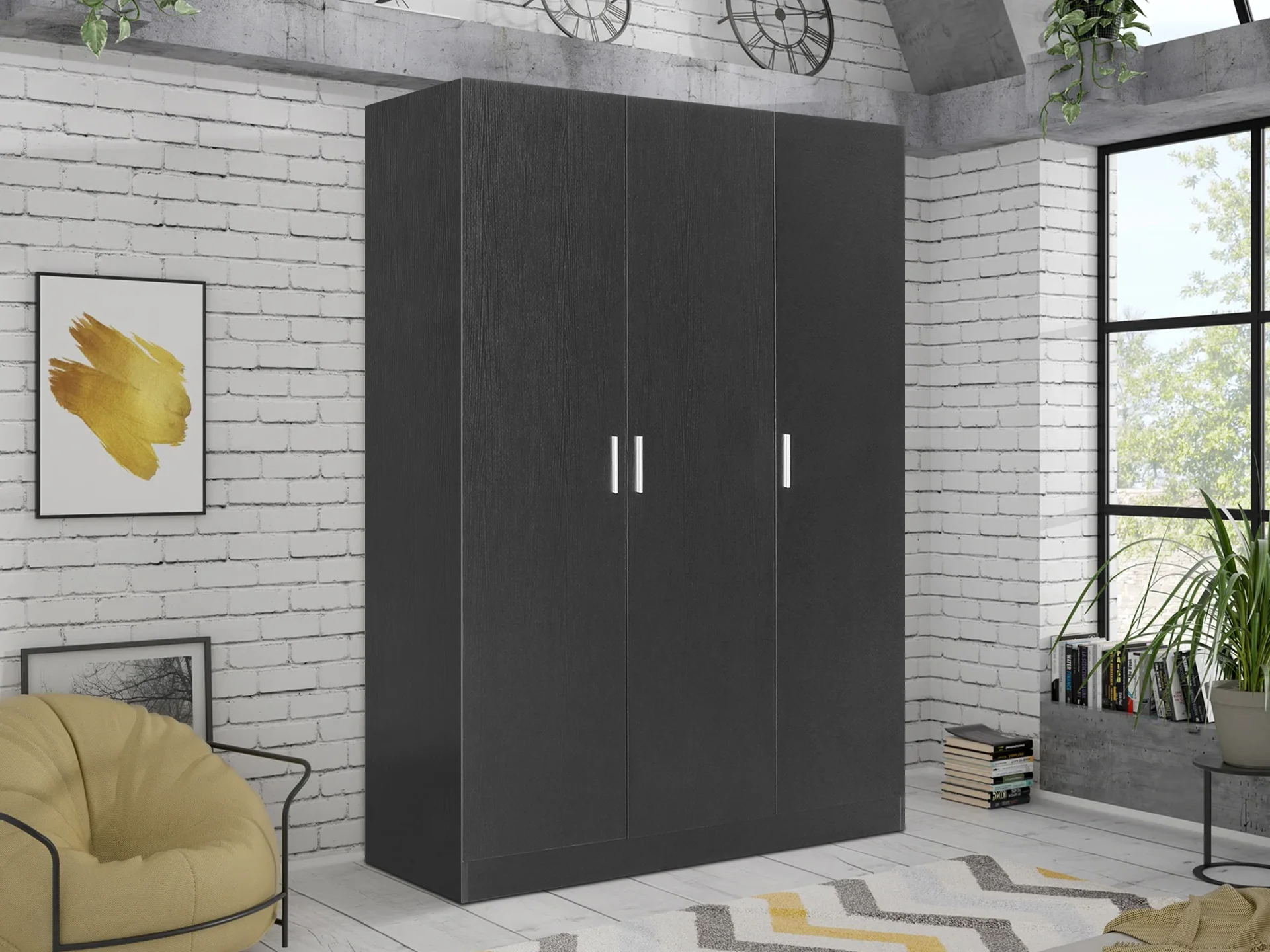 Bram 3 Door Wardrobe Cabinet - Black - Image 2