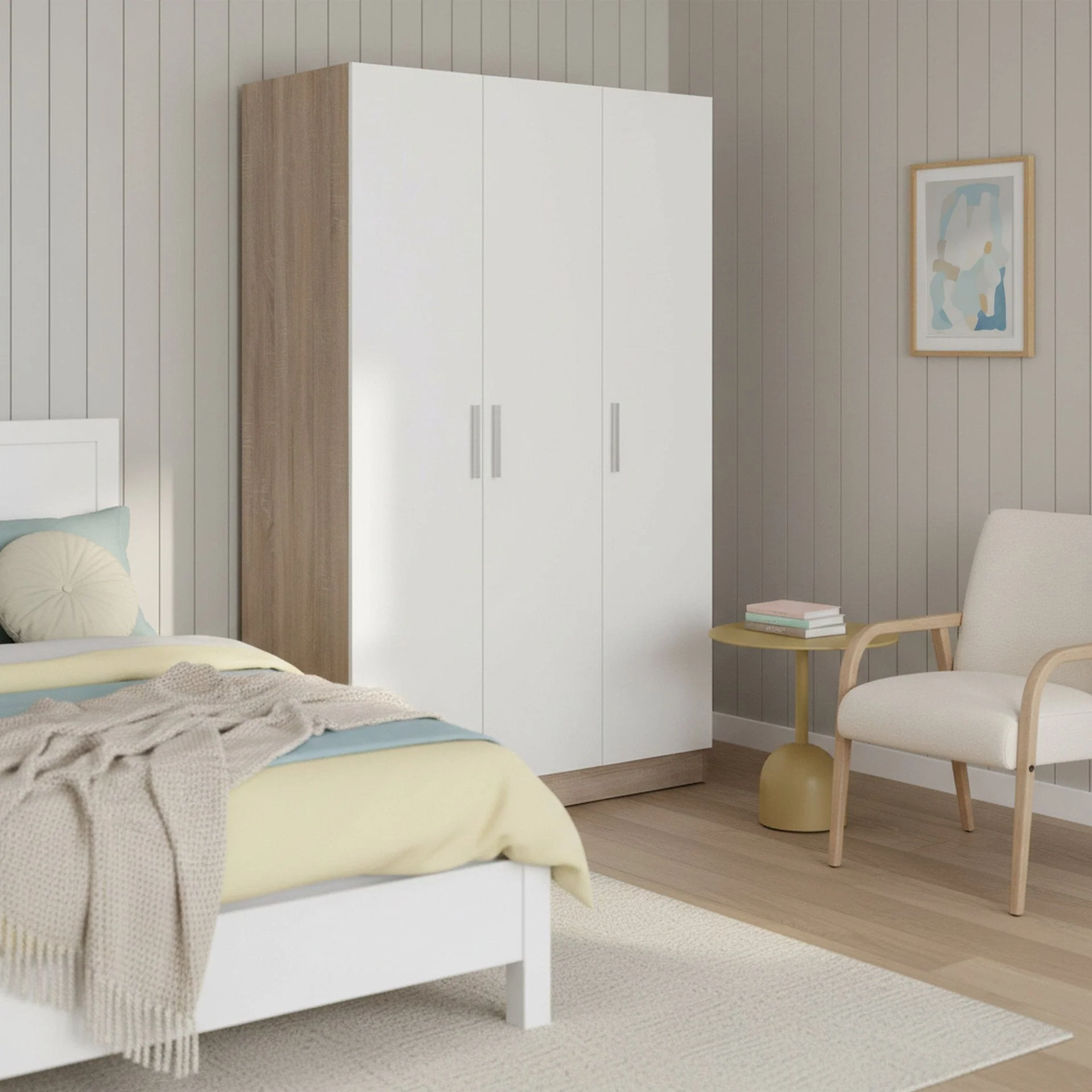 Bram 3 Door Wardrobe Cabinet - Oak + White - Image 4