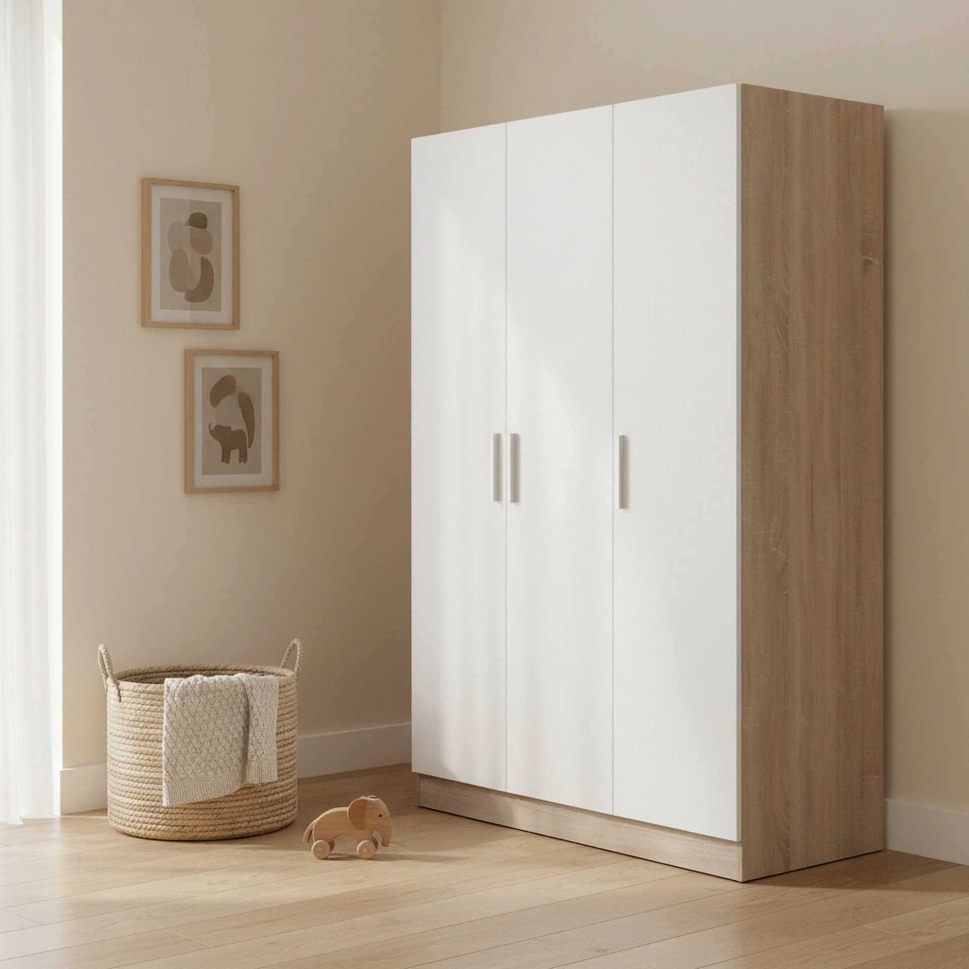 Bram 3 Door Wardrobe Cabinet - Oak + White - Image 5