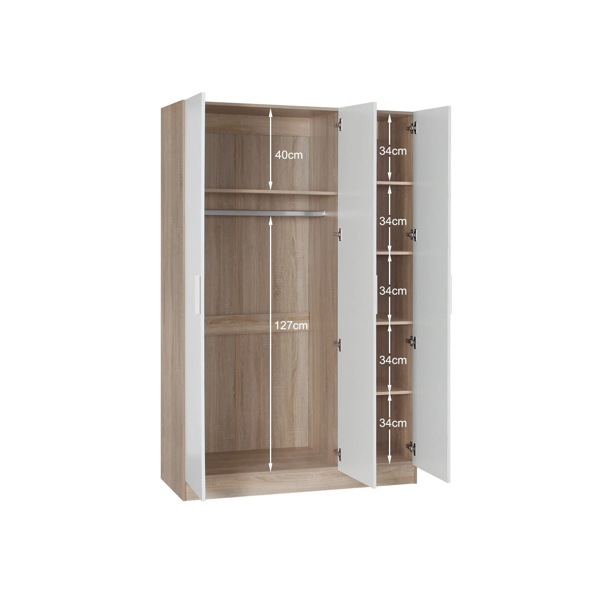 Bram 3 Door Wardrobe Cabinet - Oak + White - Image 9