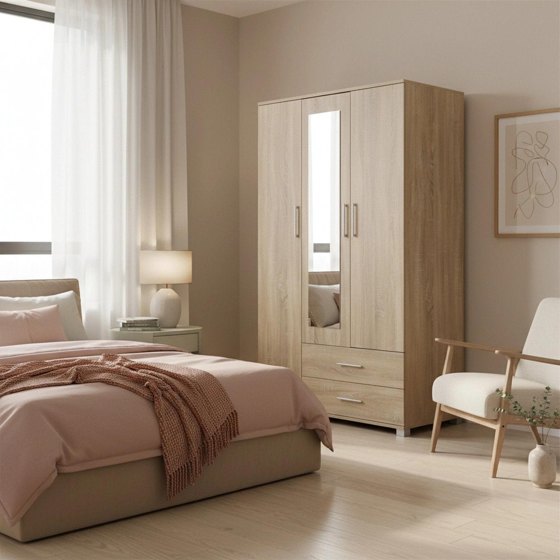 Bram 3 Door Wardrobe Cabinet with Mirror - Oak - Image 5
