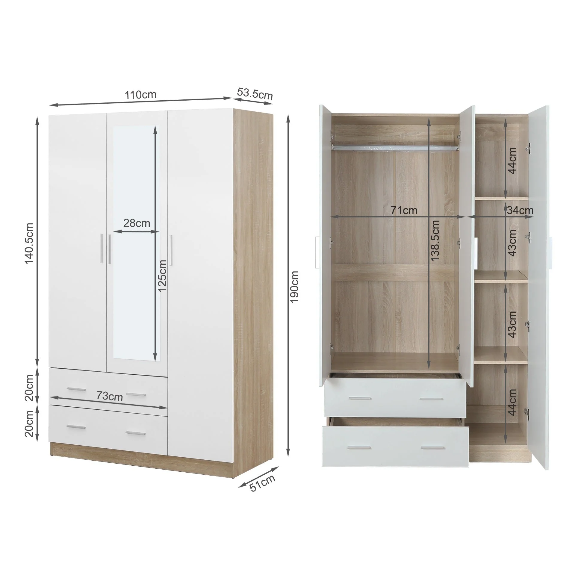 Bram 3 Door Wardrobe Cabinet with Mirror - Oak + White - Image 14