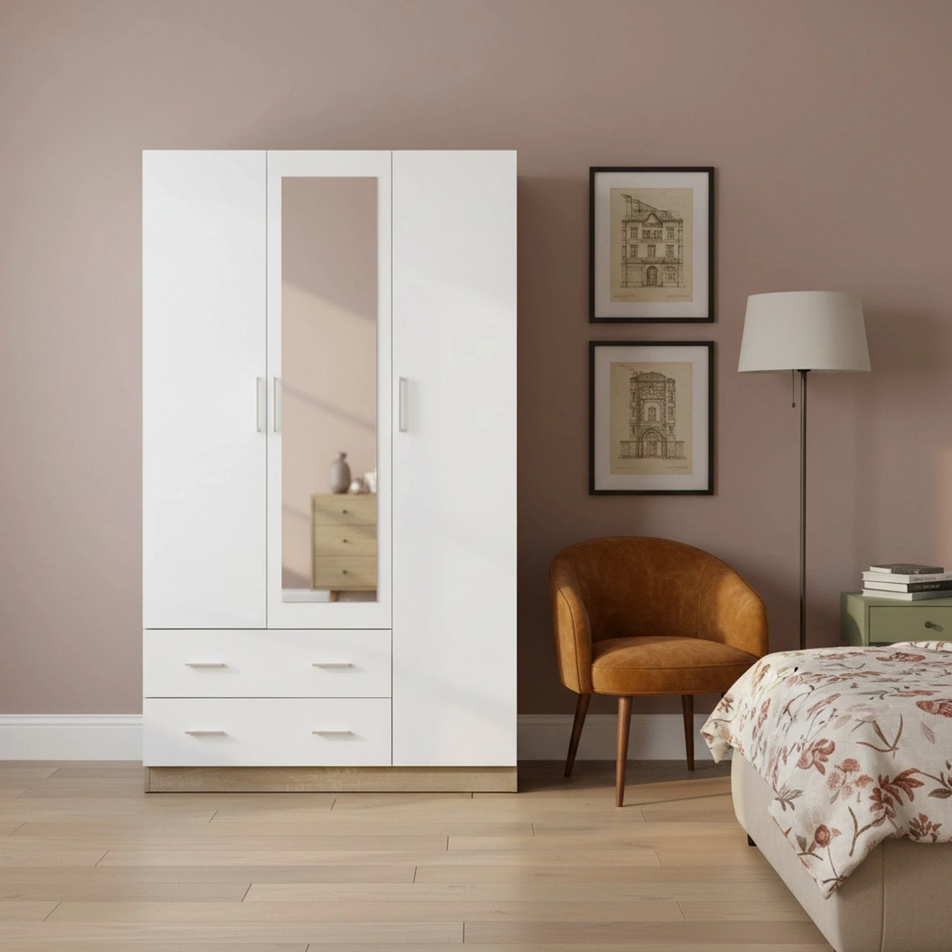 Bram 3 Door Wardrobe Cabinet with Mirror - Oak + White - Image 2