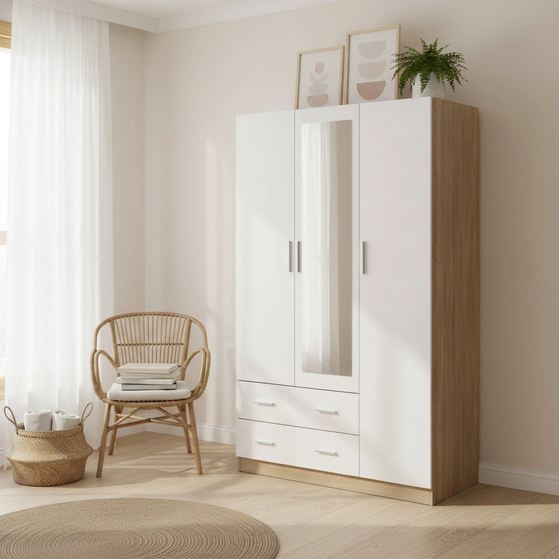 Bram 3 Door Wardrobe Cabinet with Mirror - Oak + White - Image 3