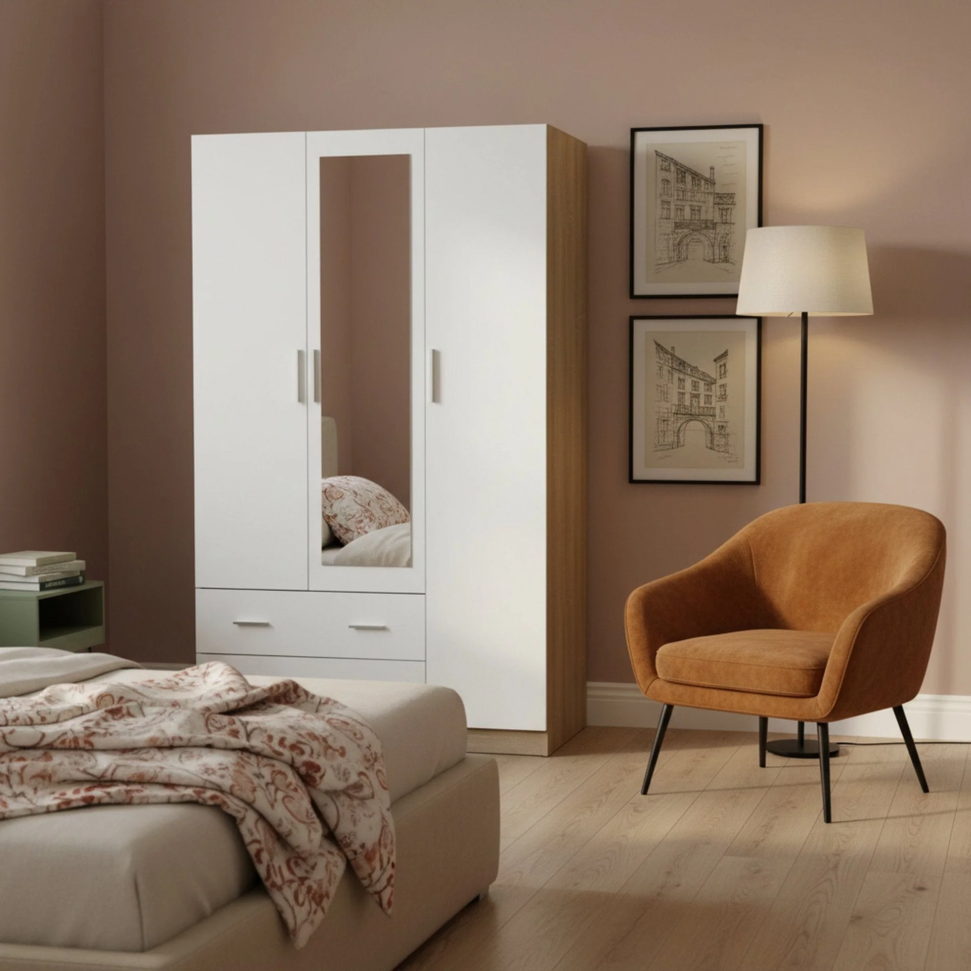 Bram 3 Door Wardrobe Cabinet with Mirror - Oak + White - Image 4