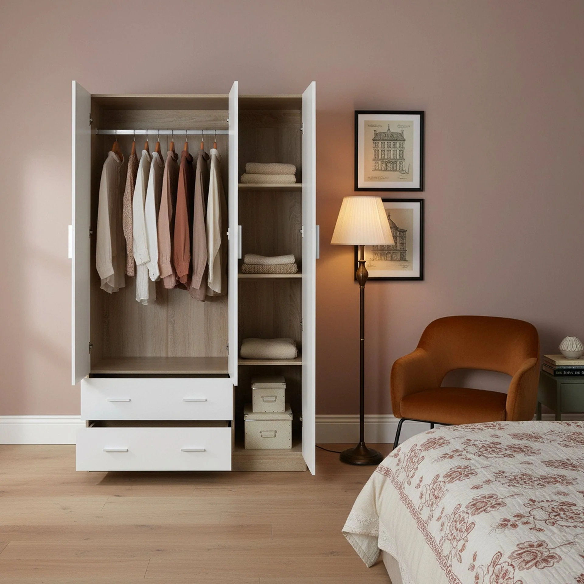 Bram 3 Door Wardrobe Cabinet with Mirror - Oak + White - Image 5