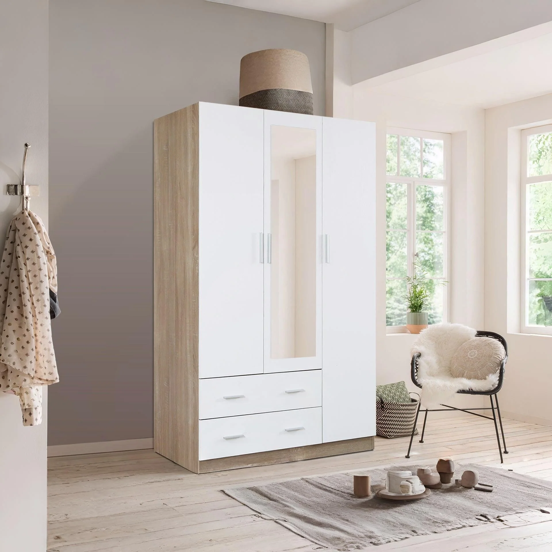 Bram 3 Door Wardrobe Cabinet with Mirror - Oak + White - Image 6