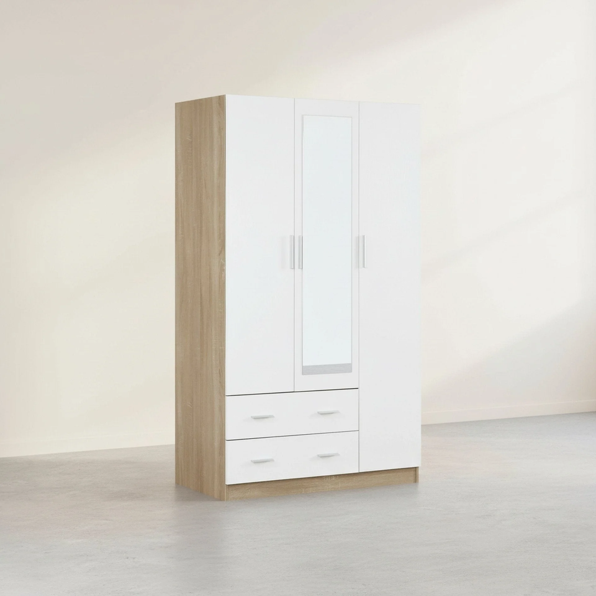 Bram 3 Door Wardrobe Cabinet with Mirror - Oak + White - Image 7