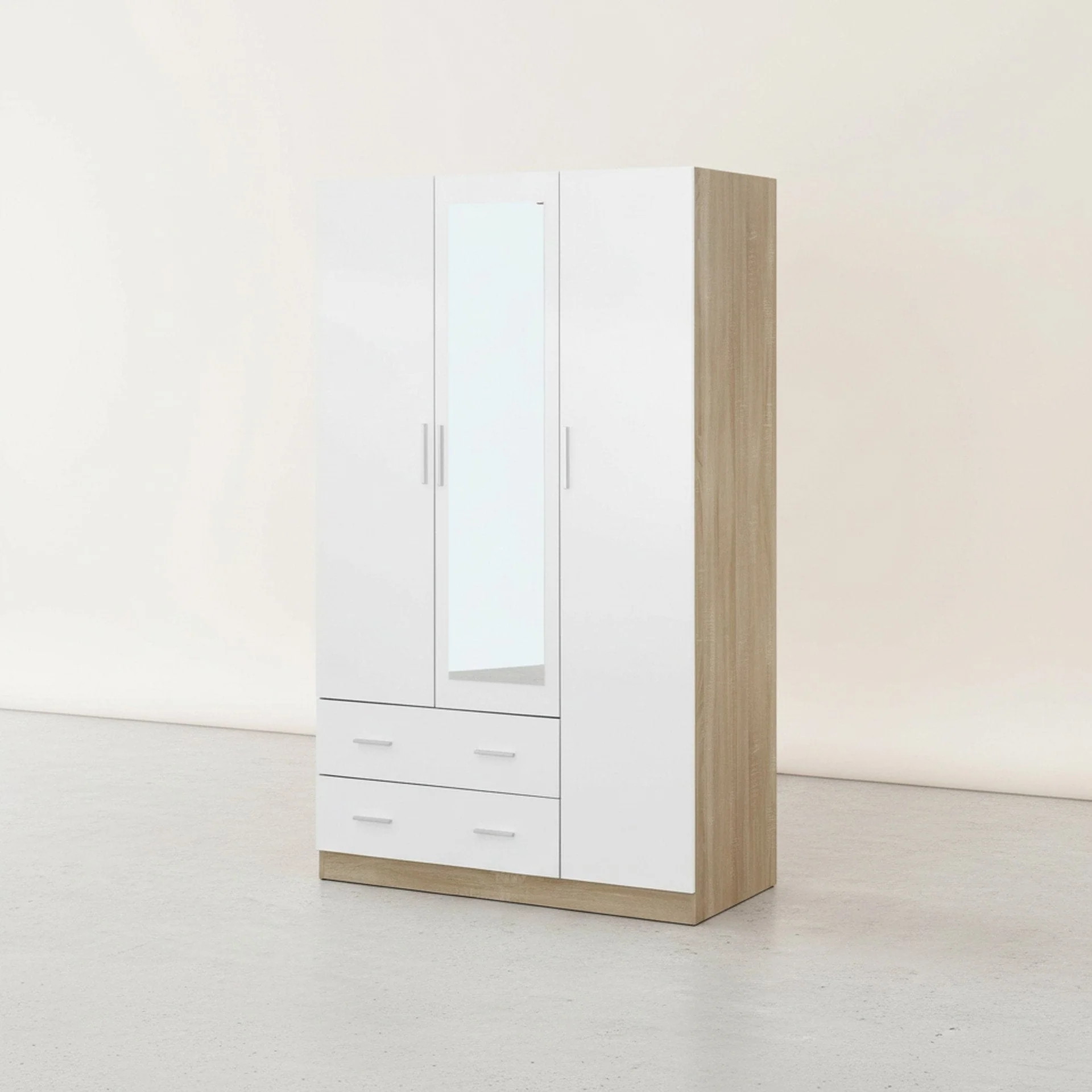 Bram 3 Door Wardrobe Cabinet with Mirror - Oak + White - Image 9
