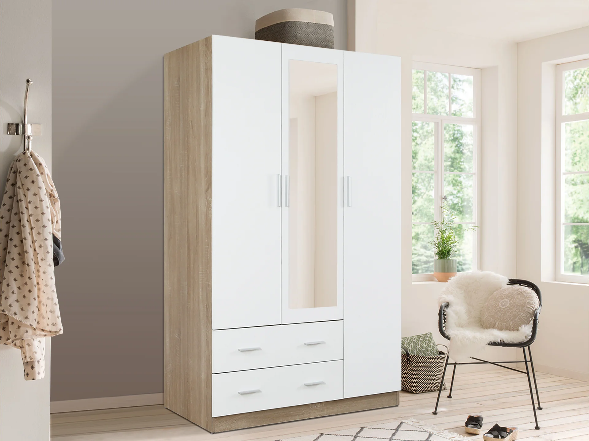 Bram 3 Door Wardrobe Cabinet with Mirror - Oak + White - Image 2