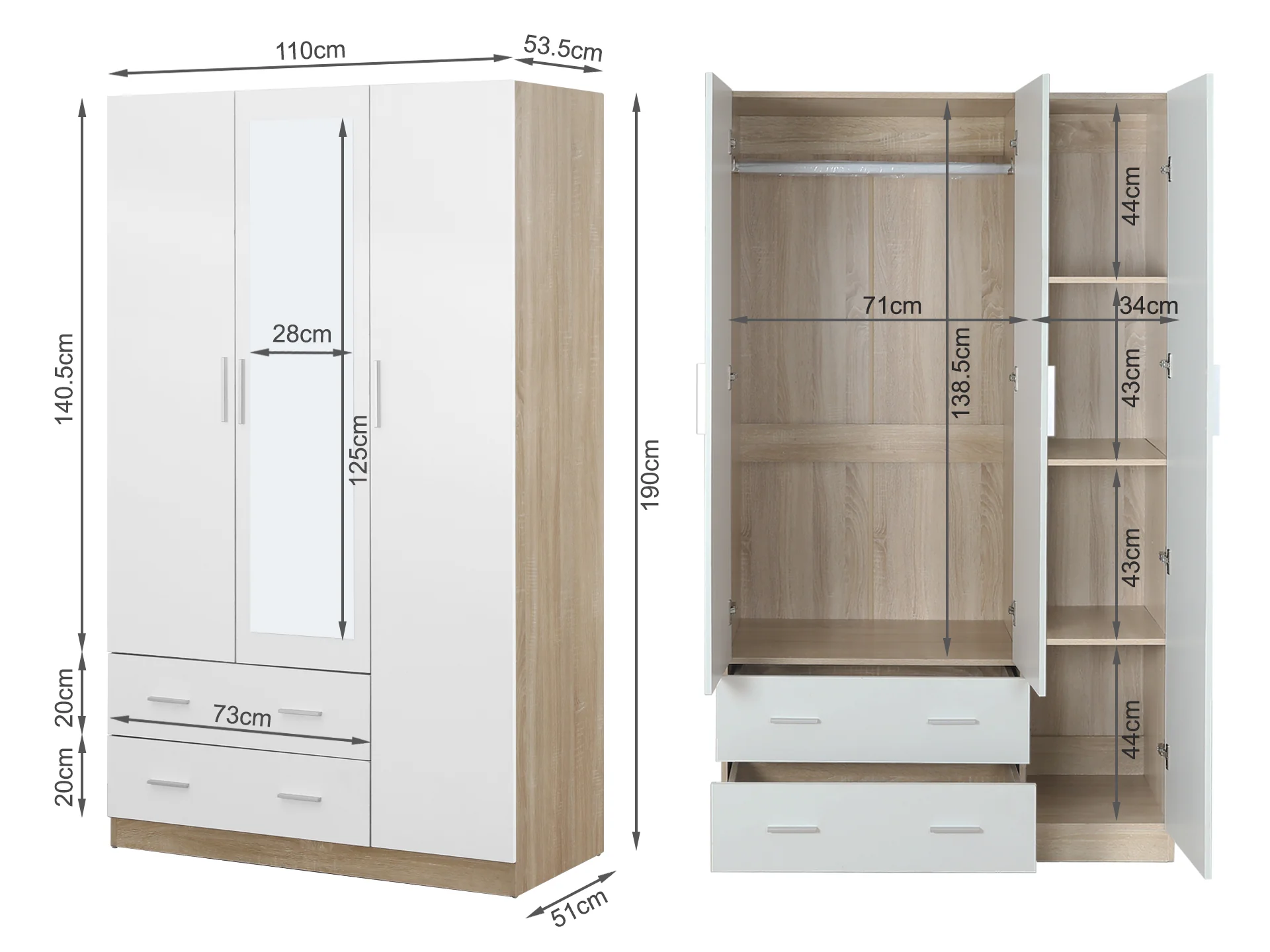Bram 3 Door Wardrobe Cabinet with Mirror - Oak + White - Image 9