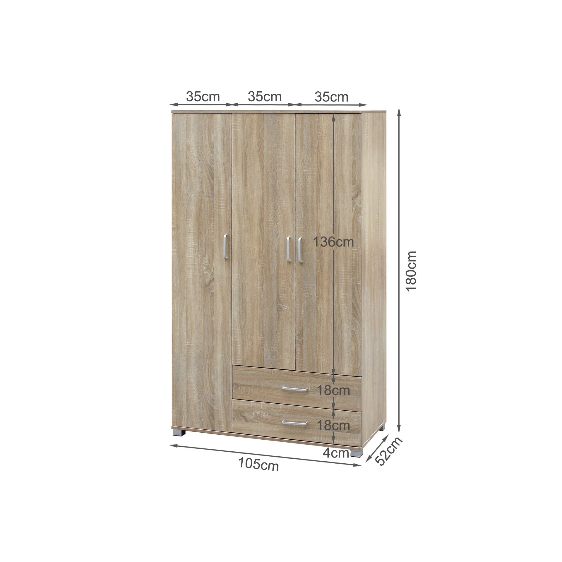 Bram 3 Door Wardrobe with 2 Drawers - Oak - Image 11