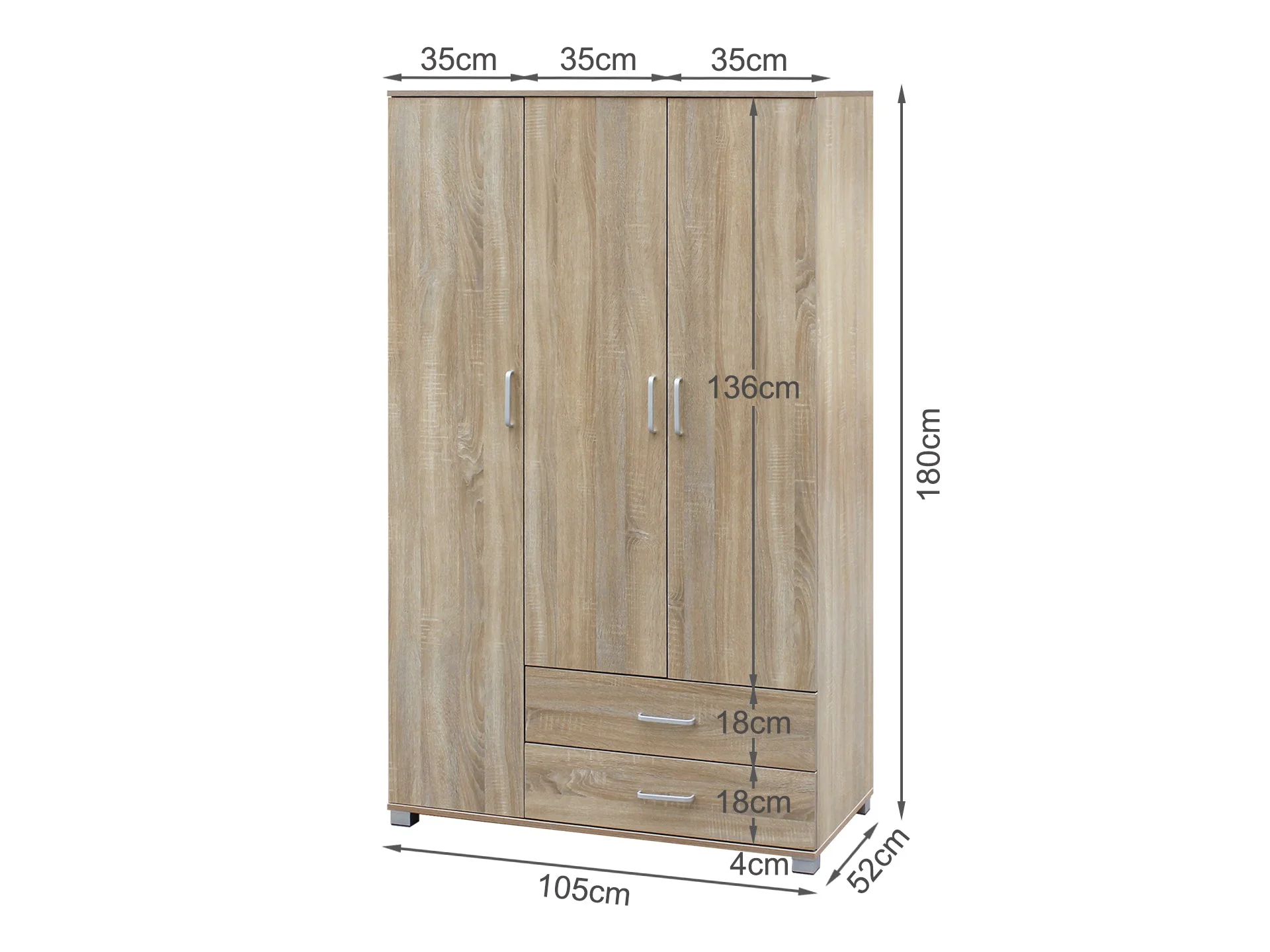 Bram 3 Door Wardrobe with 2 Drawers - Oak - Image 7