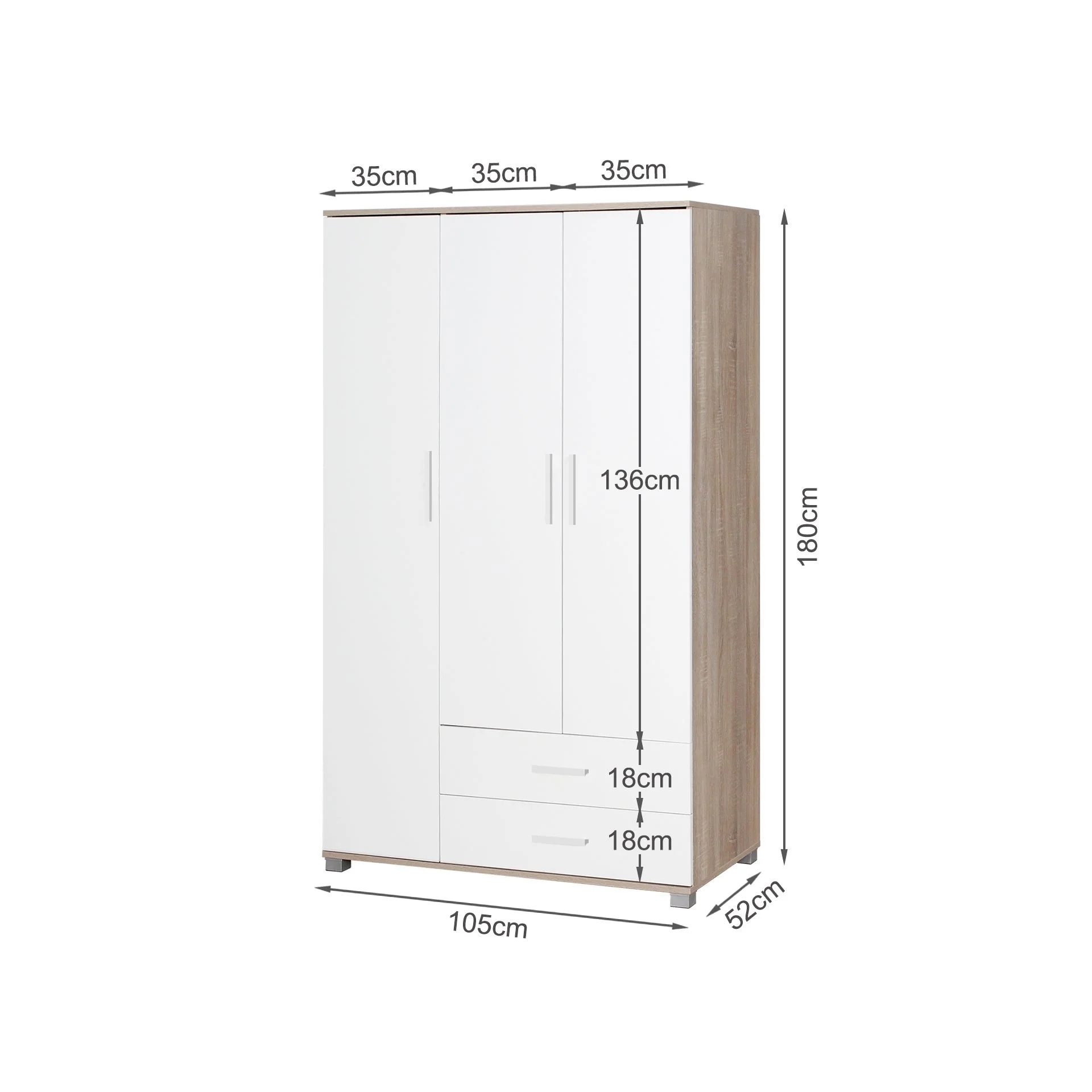 Bram 3 Door Wardrobe with 2 Drawers - Oak + White - Image 13
