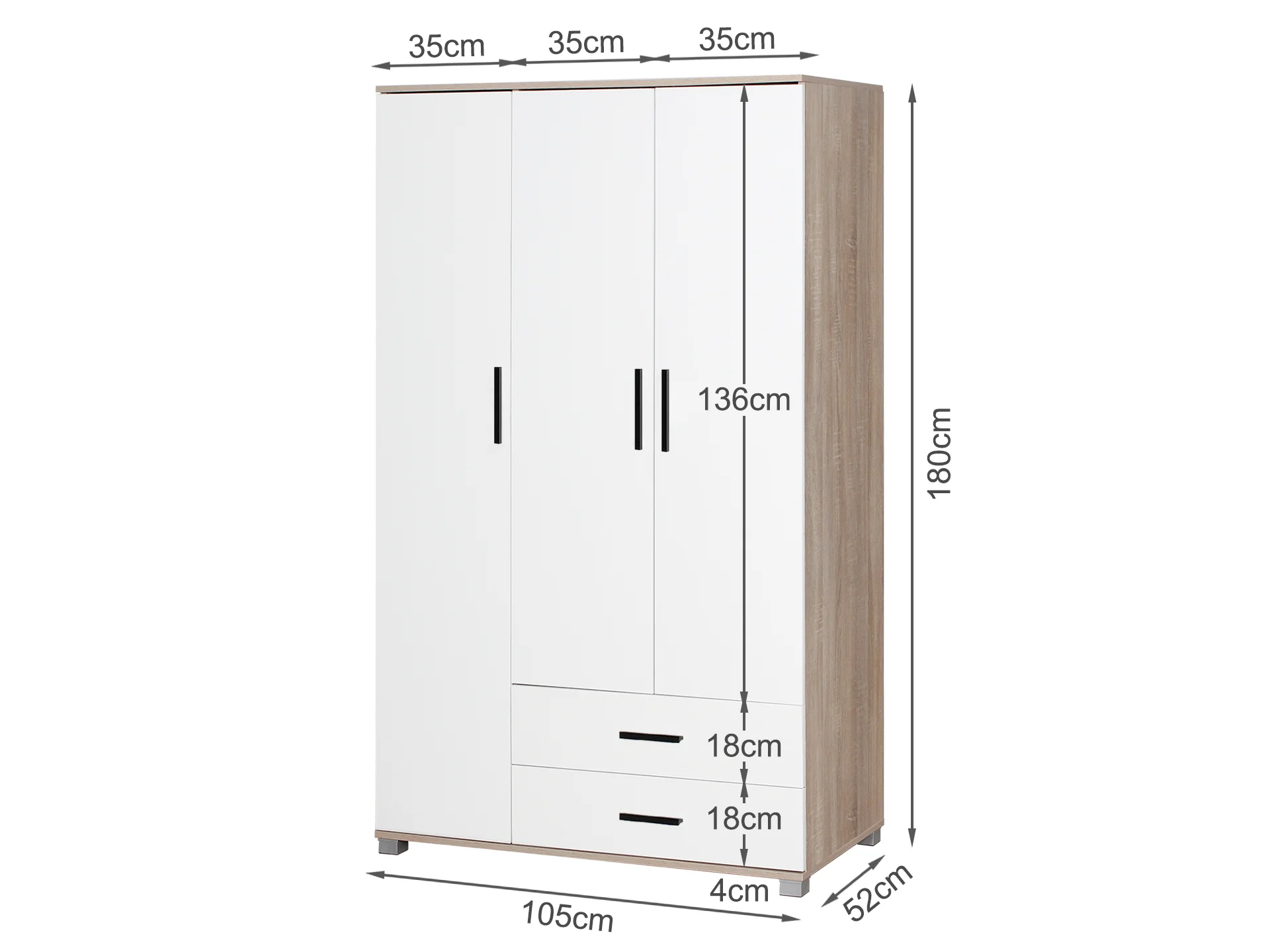 Bram 3 Door Wardrobe with 2 Drawers - Oak + White - Image 8