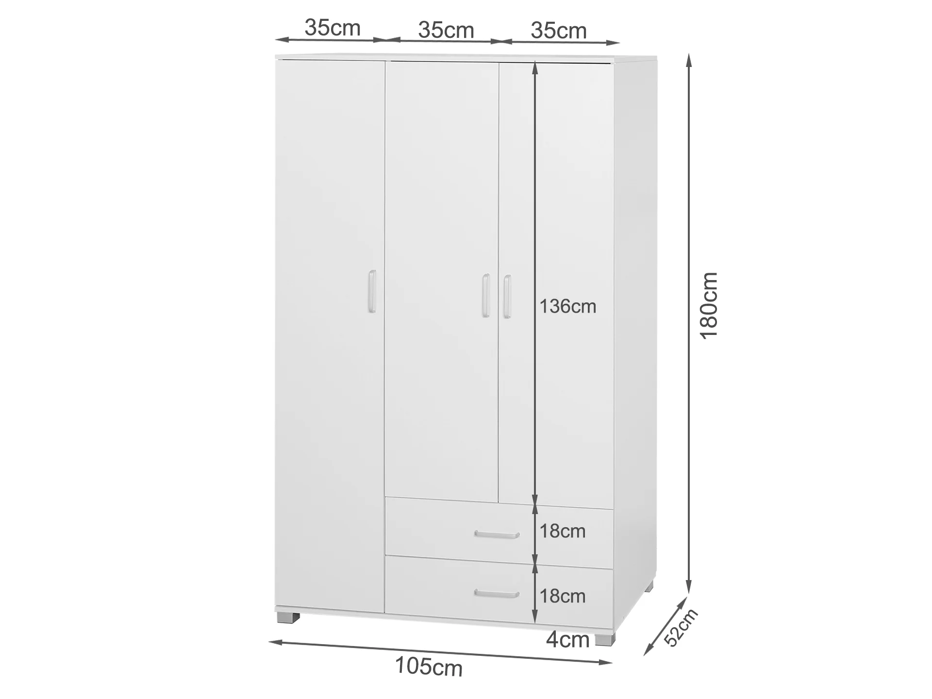Bram 3 Door Wardrobe with 2 Drawers - White - Image 7