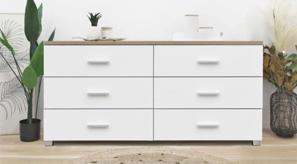 Bram Low Boy 6 Drawer Chest Dresser - Oak + White - Image 4