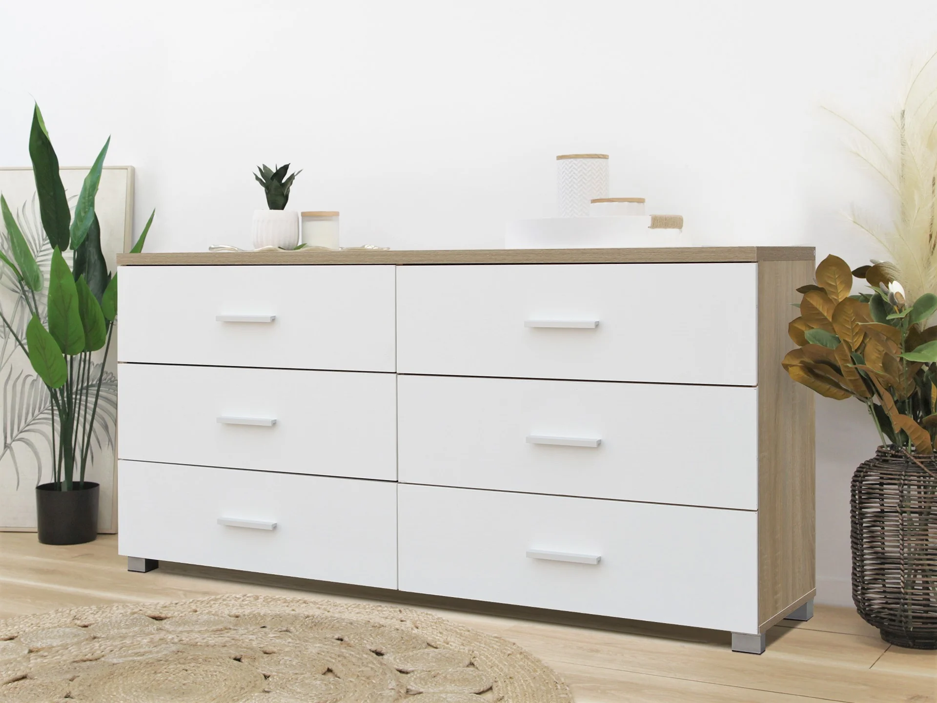 Bram Low Boy 6 Drawer Chest Dresser - Oak + White - Image 5