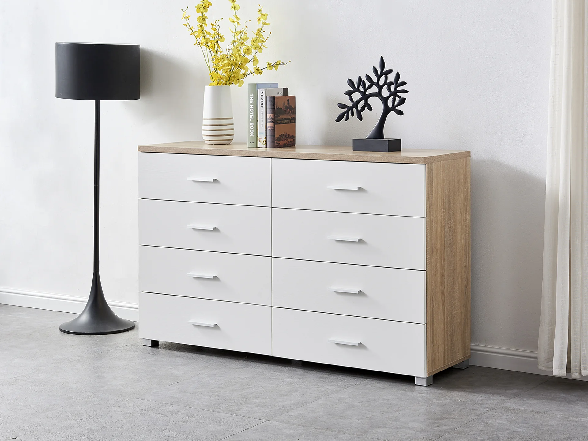 Bram Low Boy 8 Drawer Chest Dresser - Oak + White - Image 4