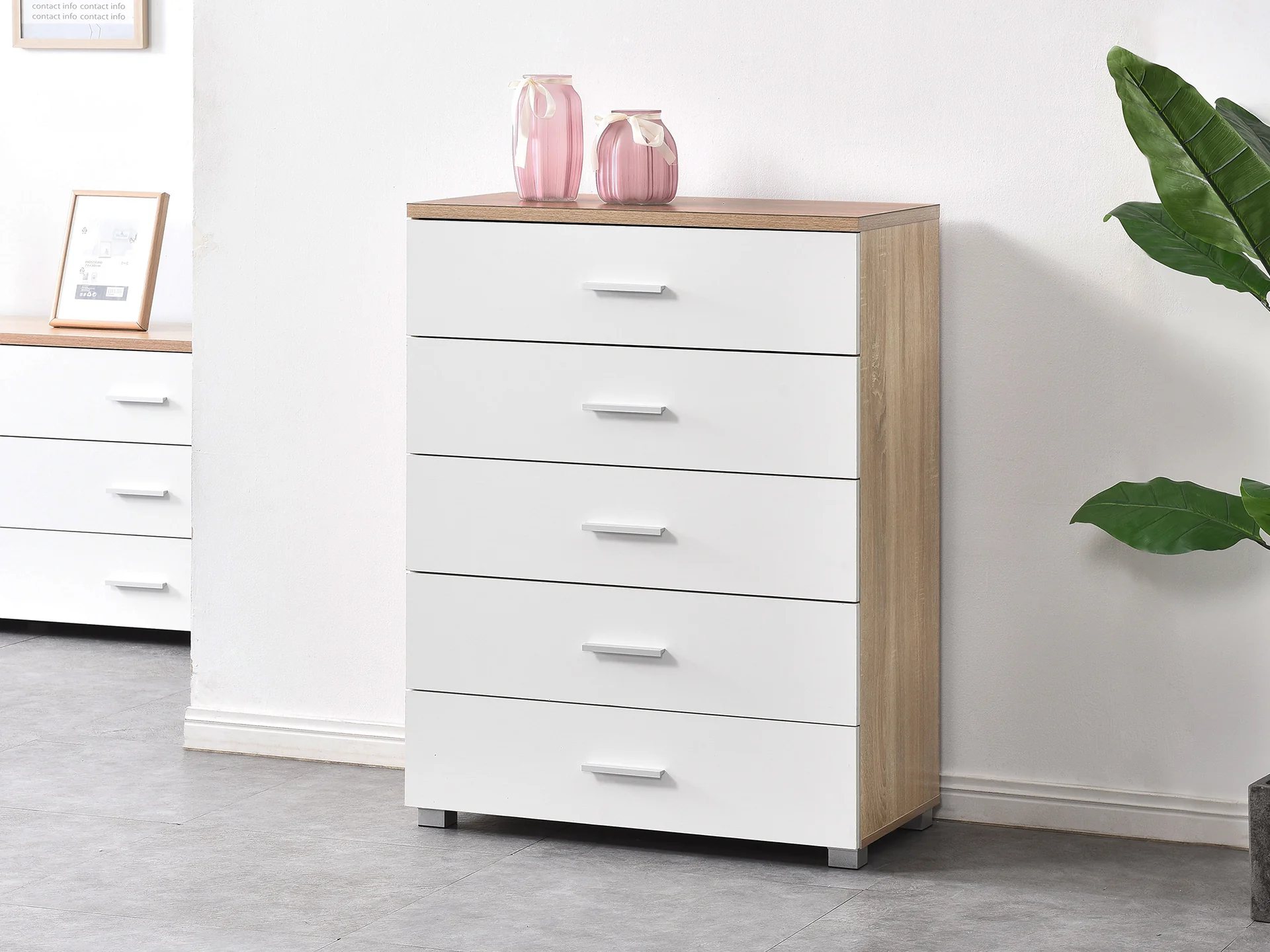 Bram Tallboy 5 Drawer Chest Dresser - Oak + White - Image 2