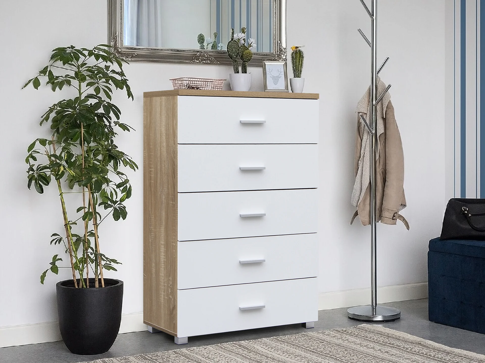 Bram Tallboy 5 Drawer Chest Dresser - Oak + White - Image 3