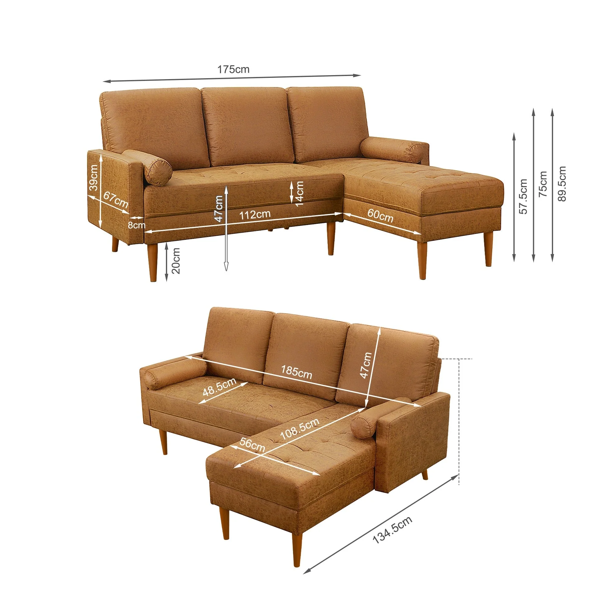 Brynlee 3 Seater Sofa with Right Facing Chaise - Brown - Image 11