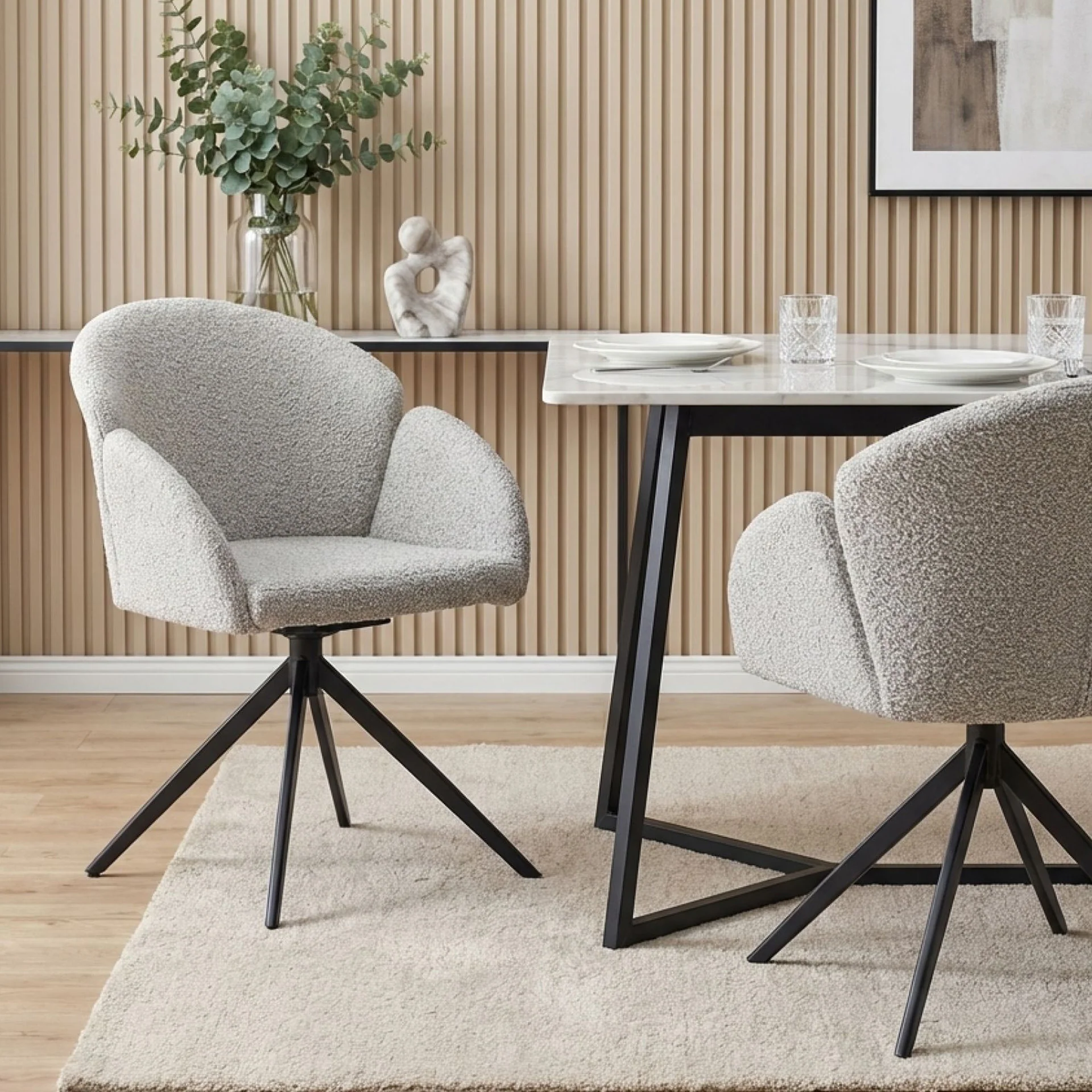 Carmen Boucle Swivel Dining ArmChairs - Set of 2 - Silver Grey