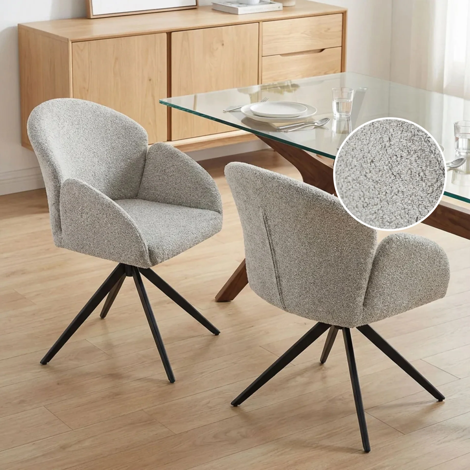 Carmen Boucle Swivel Dining ArmChairs - Set of 2 - Silver Grey - Image 4