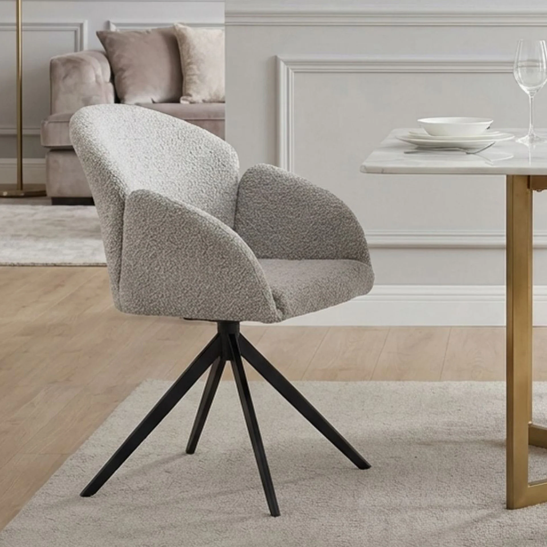 Carmen Boucle Swivel Dining ArmChairs - Set of 2 - Silver Grey - Image 5