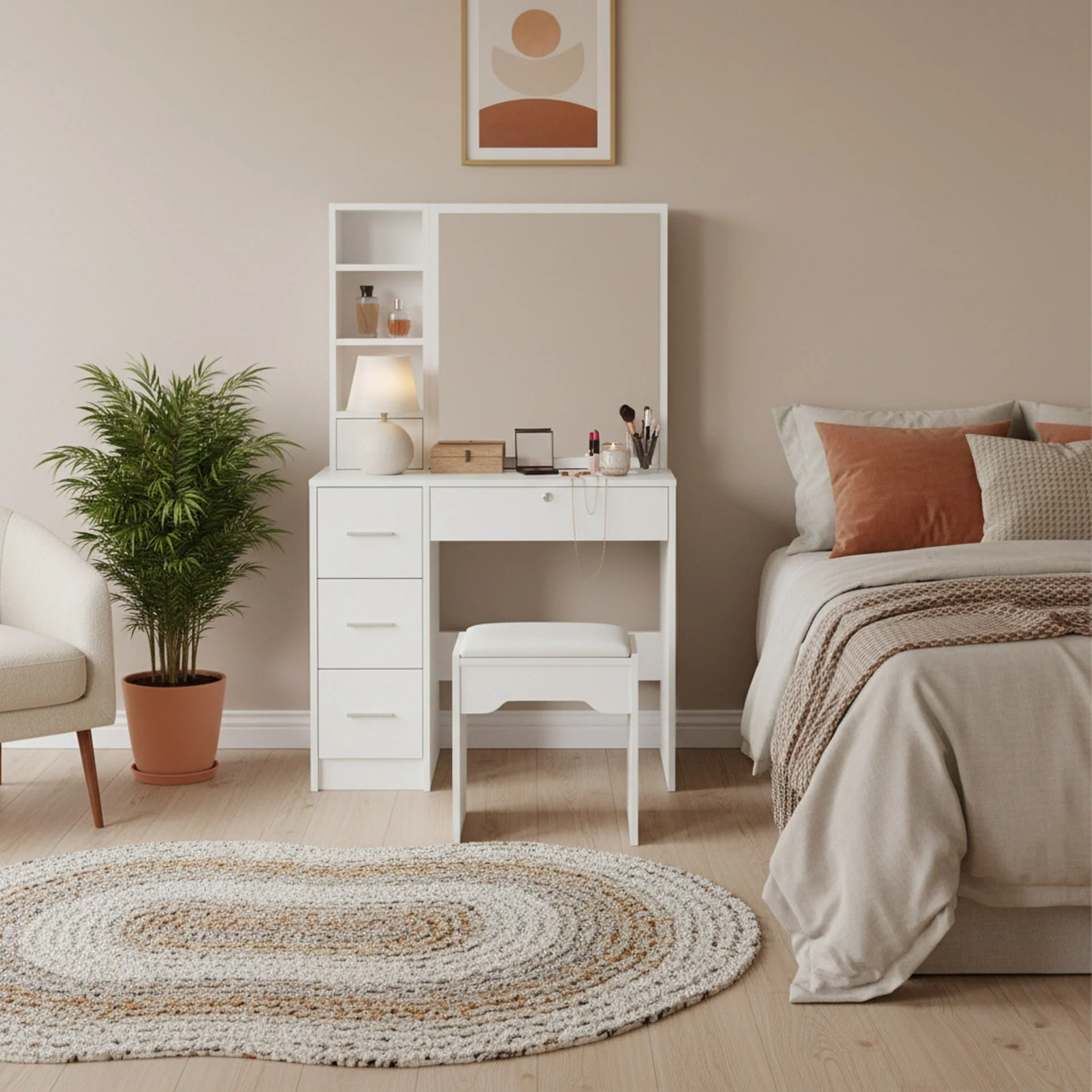 Carnation Dressing Table with Drawers Set 2pcs - White - Image 3