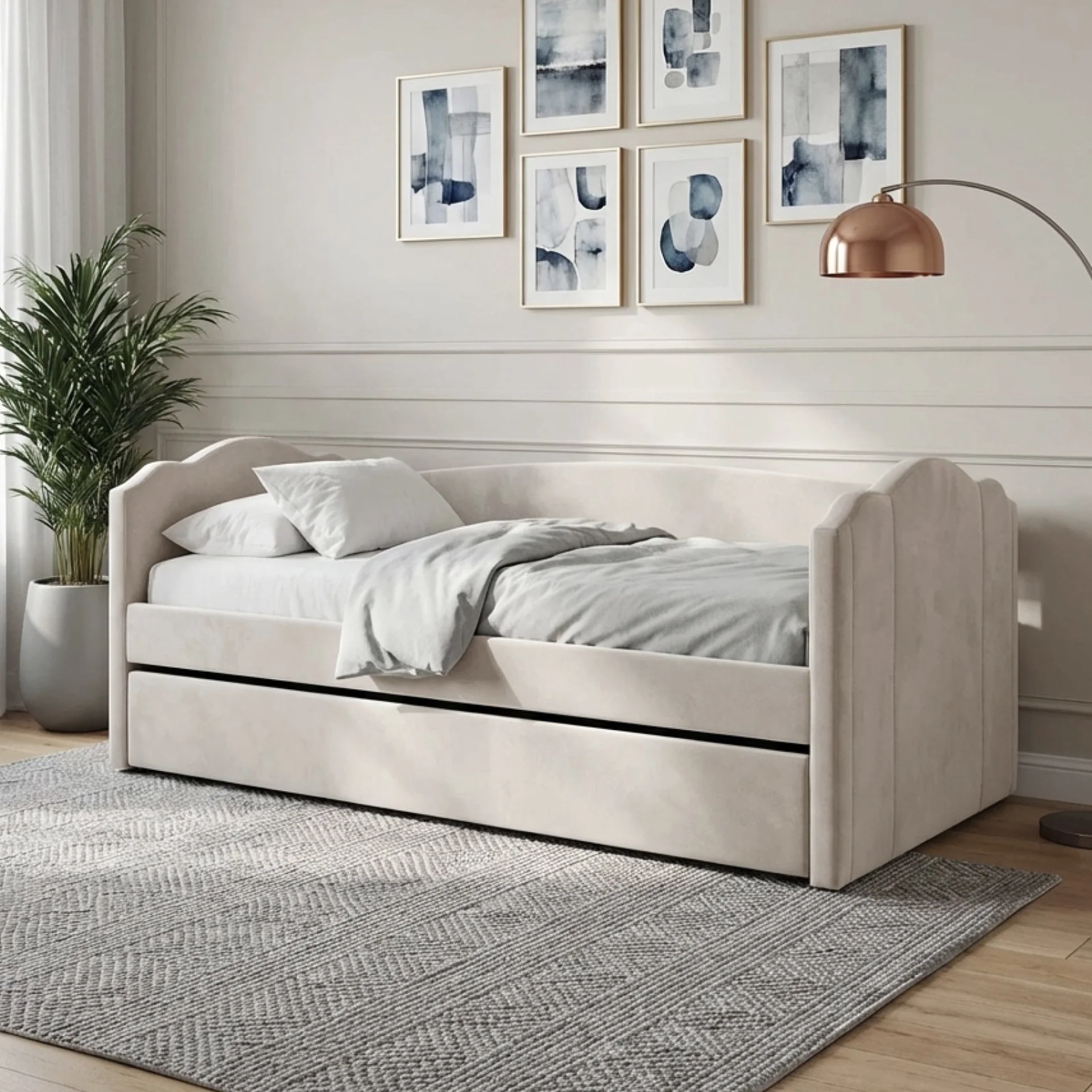 Castle Single Velvet Trundle Bed Frame - Beige