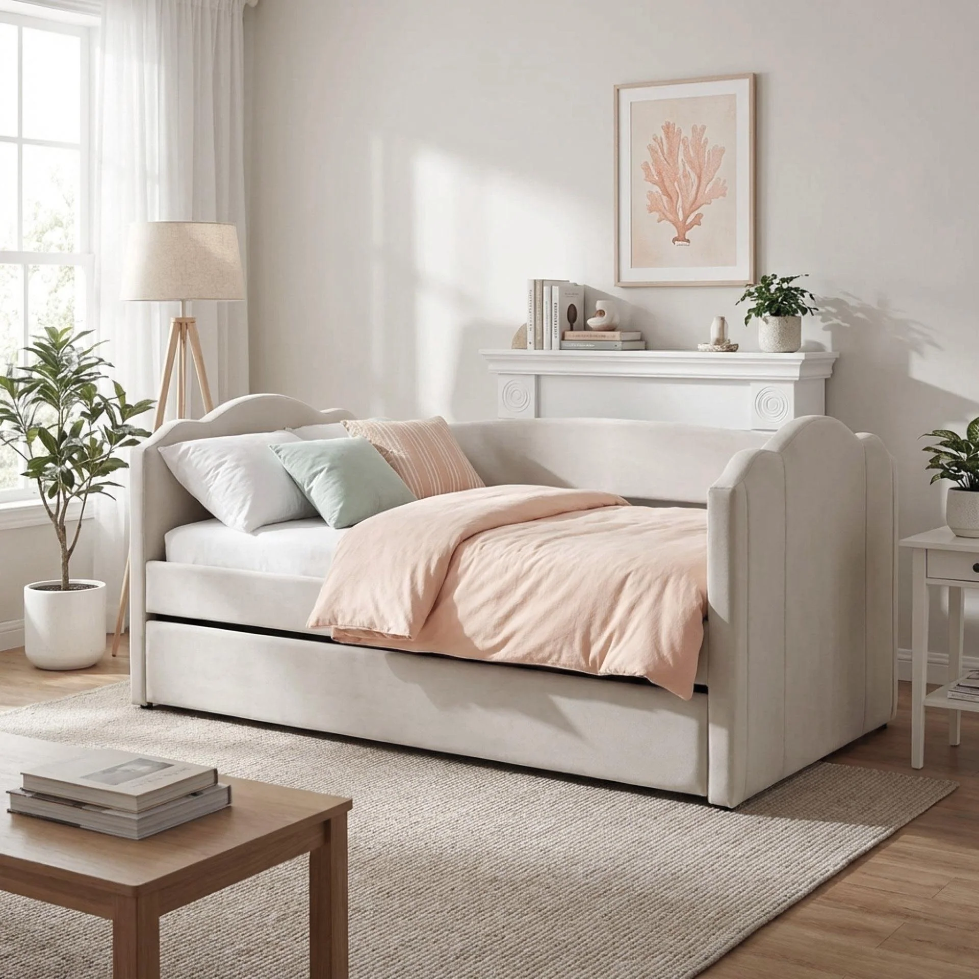 Castle Single Velvet Trundle Bed Frame - Beige - Image 3