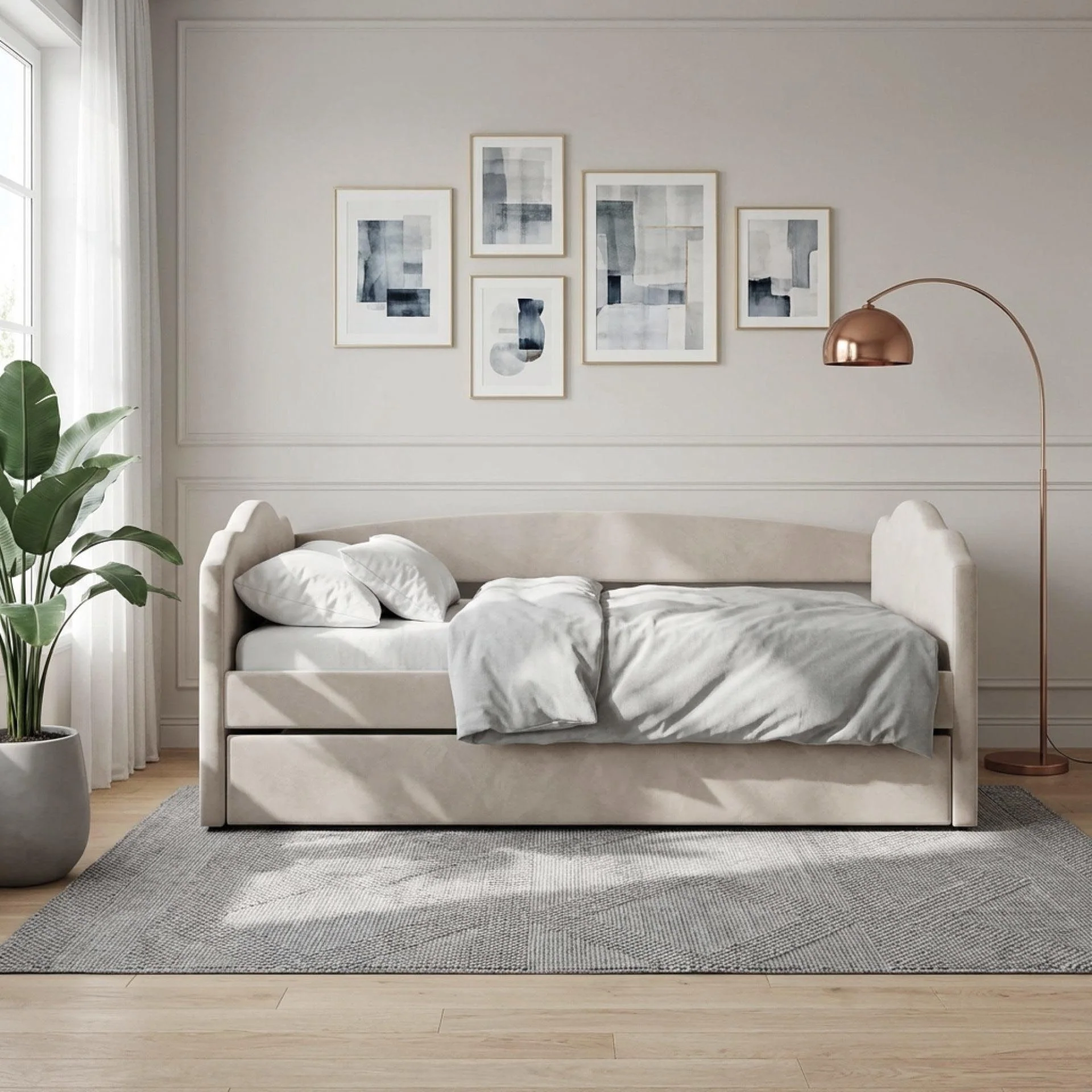 Castle Single Velvet Trundle Bed Frame - Beige - Image 4