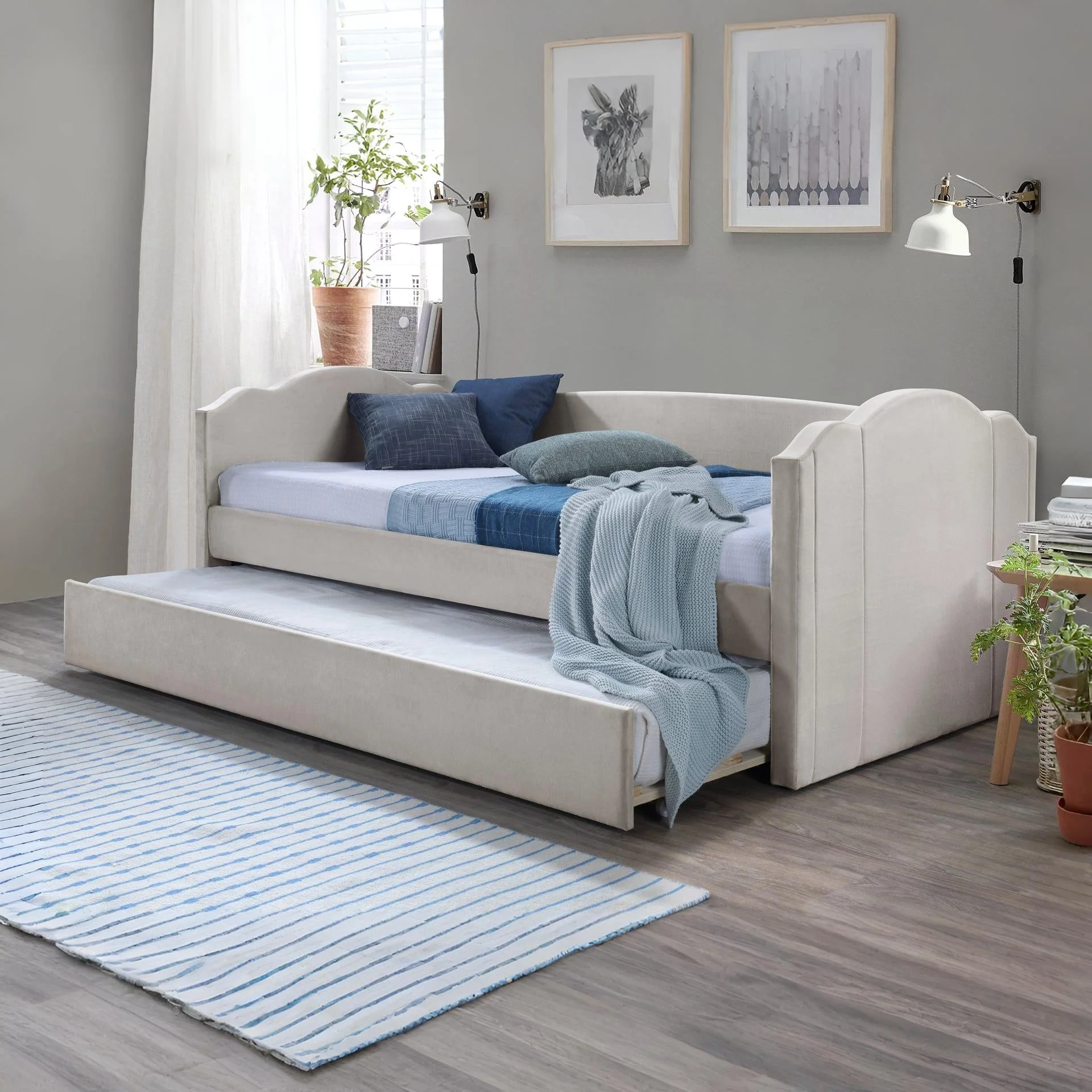 Castle Single Velvet Trundle Bed Frame - Beige - Image 5