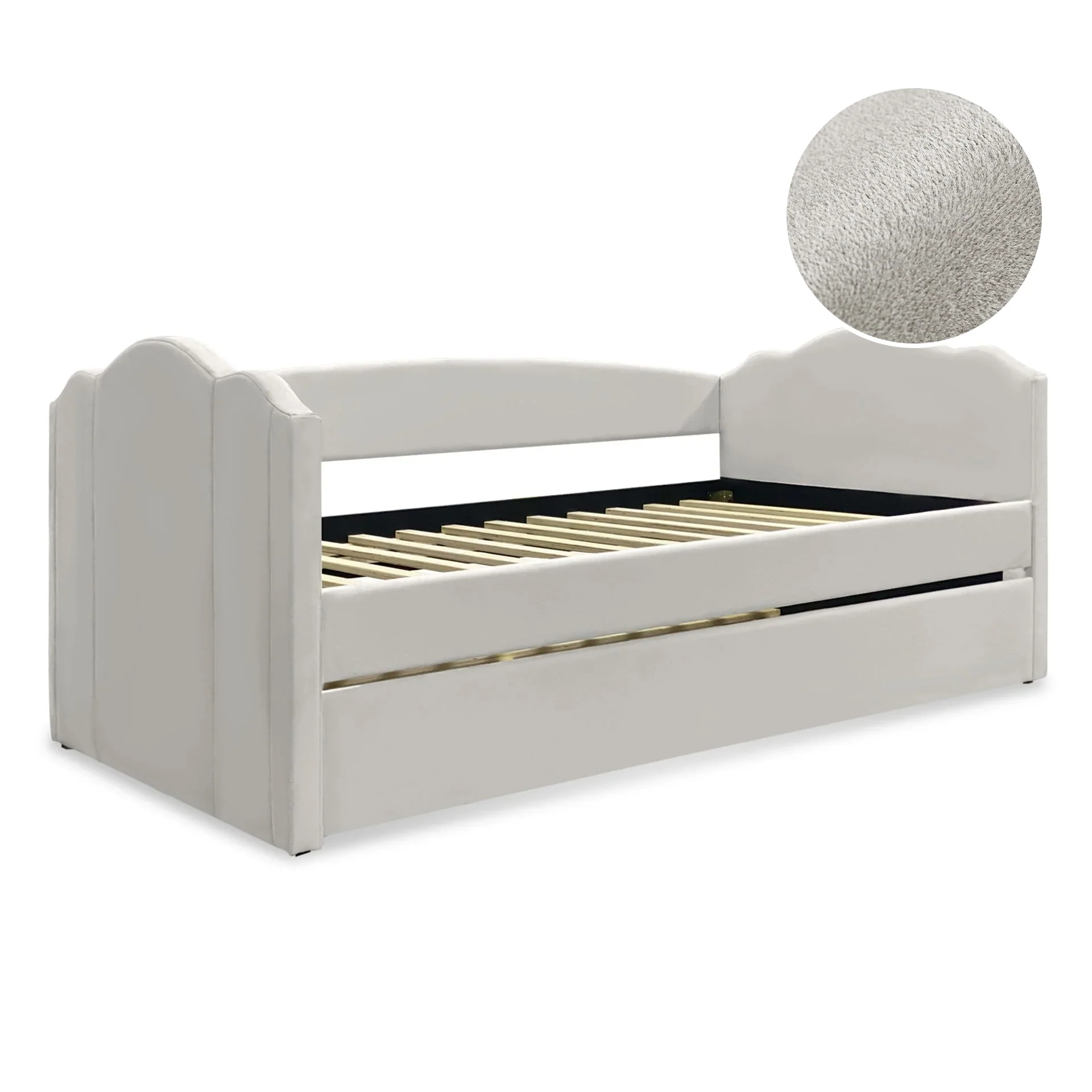 Castle Single Velvet Trundle Bed Frame - Beige - Image 6