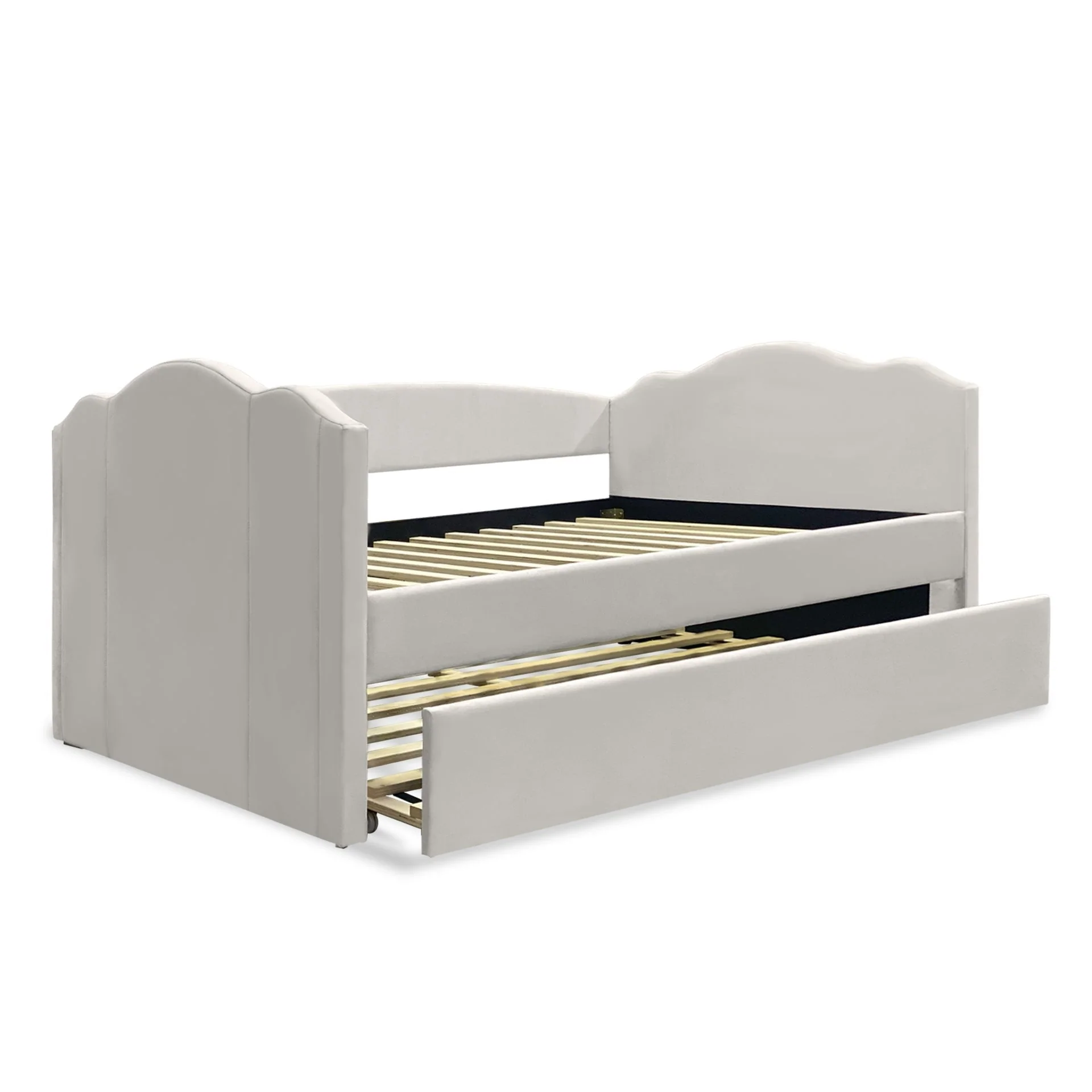 Castle Single Velvet Trundle Bed Frame - Beige - Image 8
