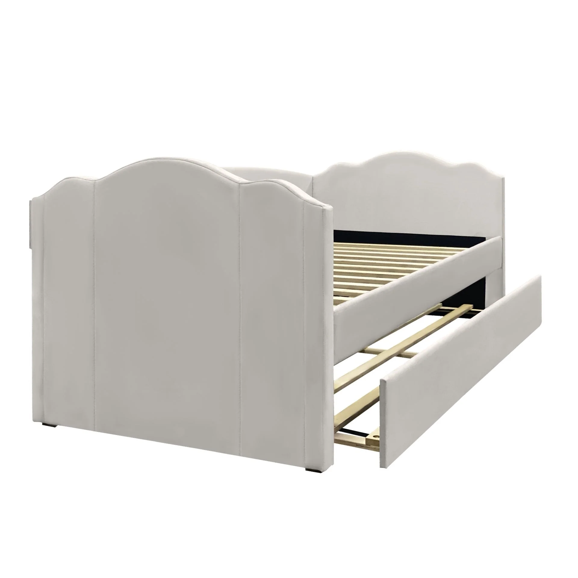 Castle Single Velvet Trundle Bed Frame - Beige - Image 9