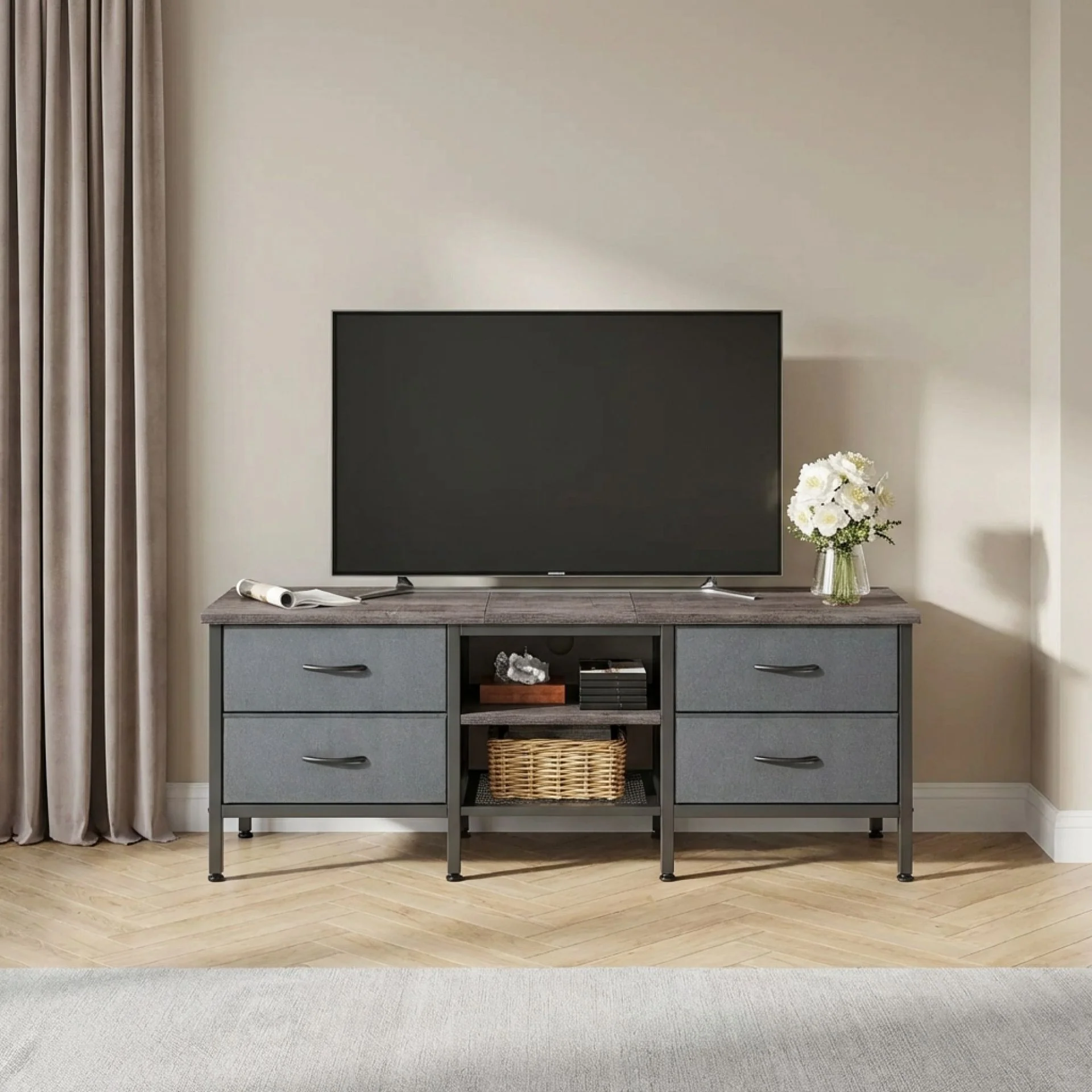 Cavalla 1.4m Entertainment Unit with Drawers - Grey Oak + Grey - Image 5