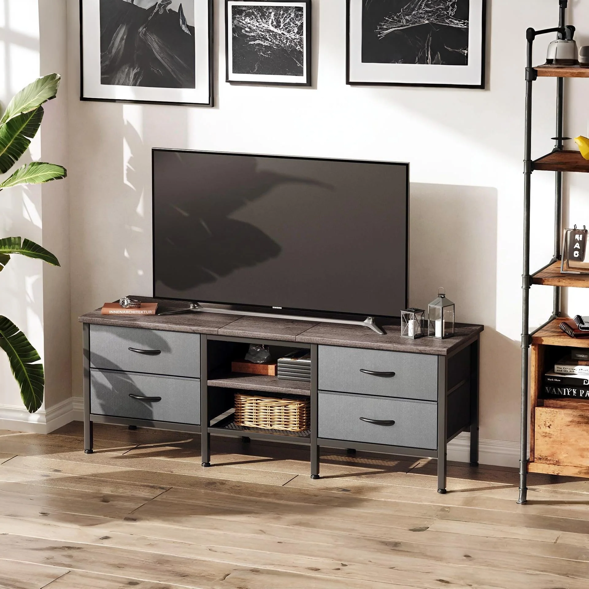 Cavalla 1.4m Entertainment Unit with Drawers - Grey Oak + Grey - Image 8