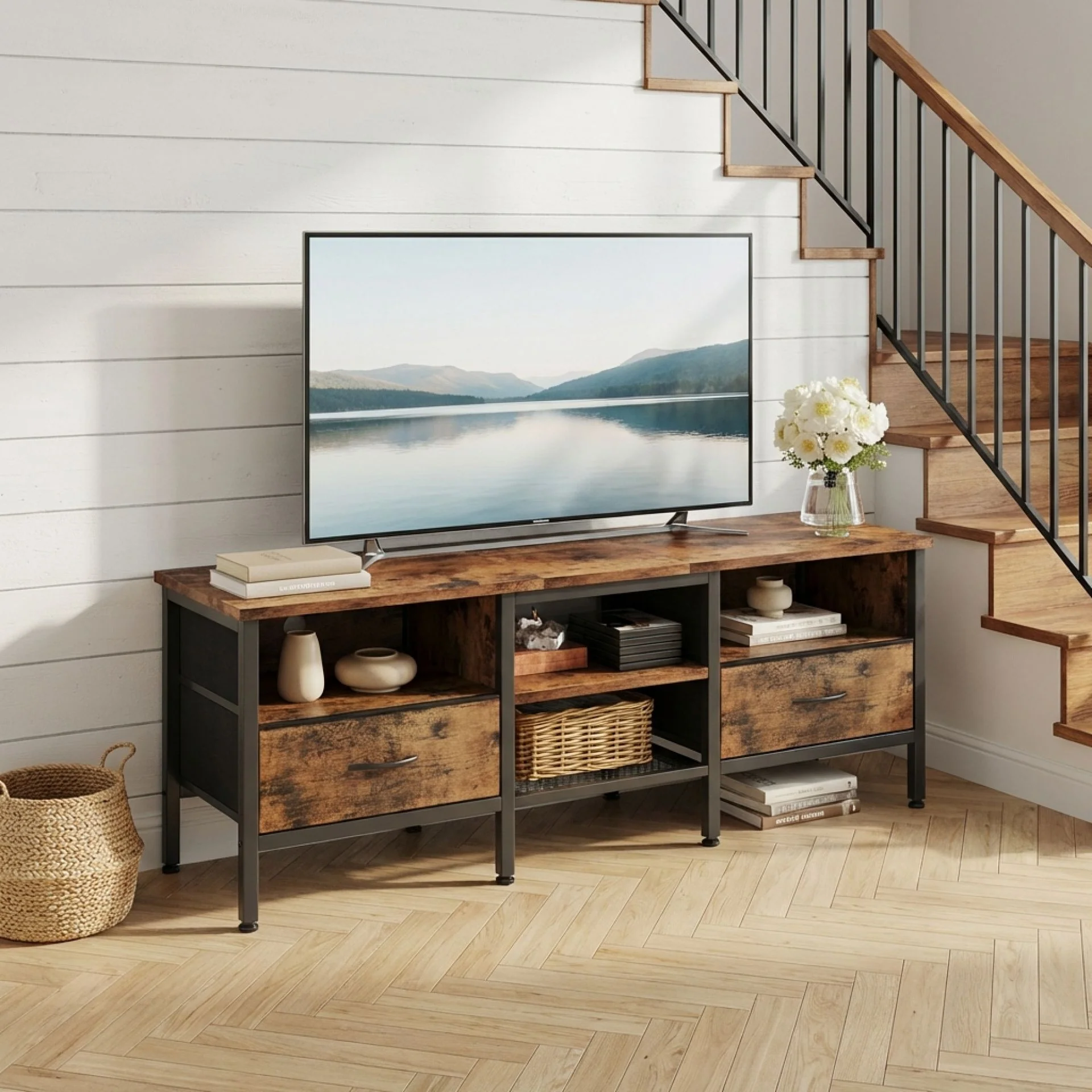Cavalla 1.4m Entertainment Unit with Drawers - Rustic Brown - Image 2