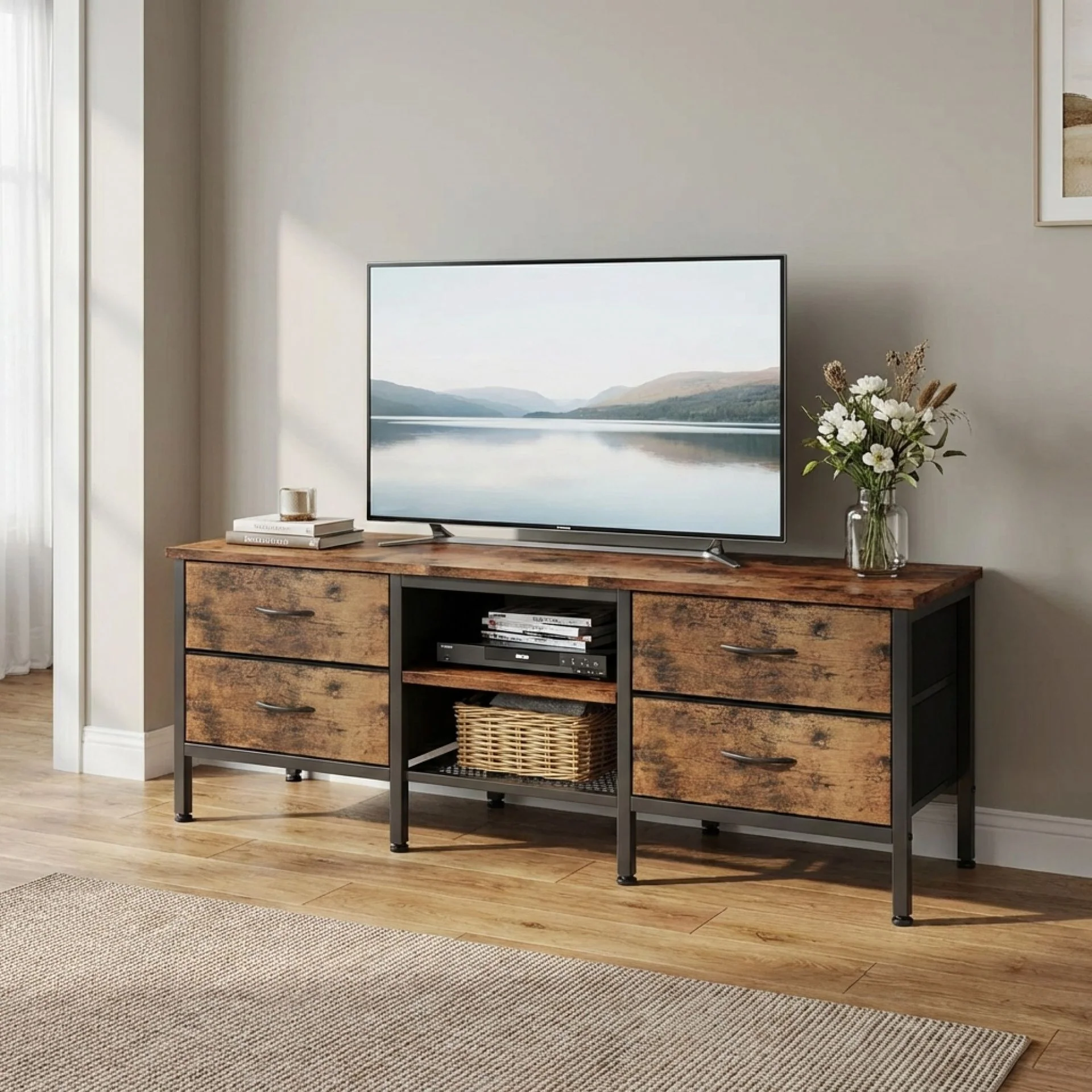 Cavalla 1.4m Entertainment Unit with Drawers - Rustic Brown - Image 3