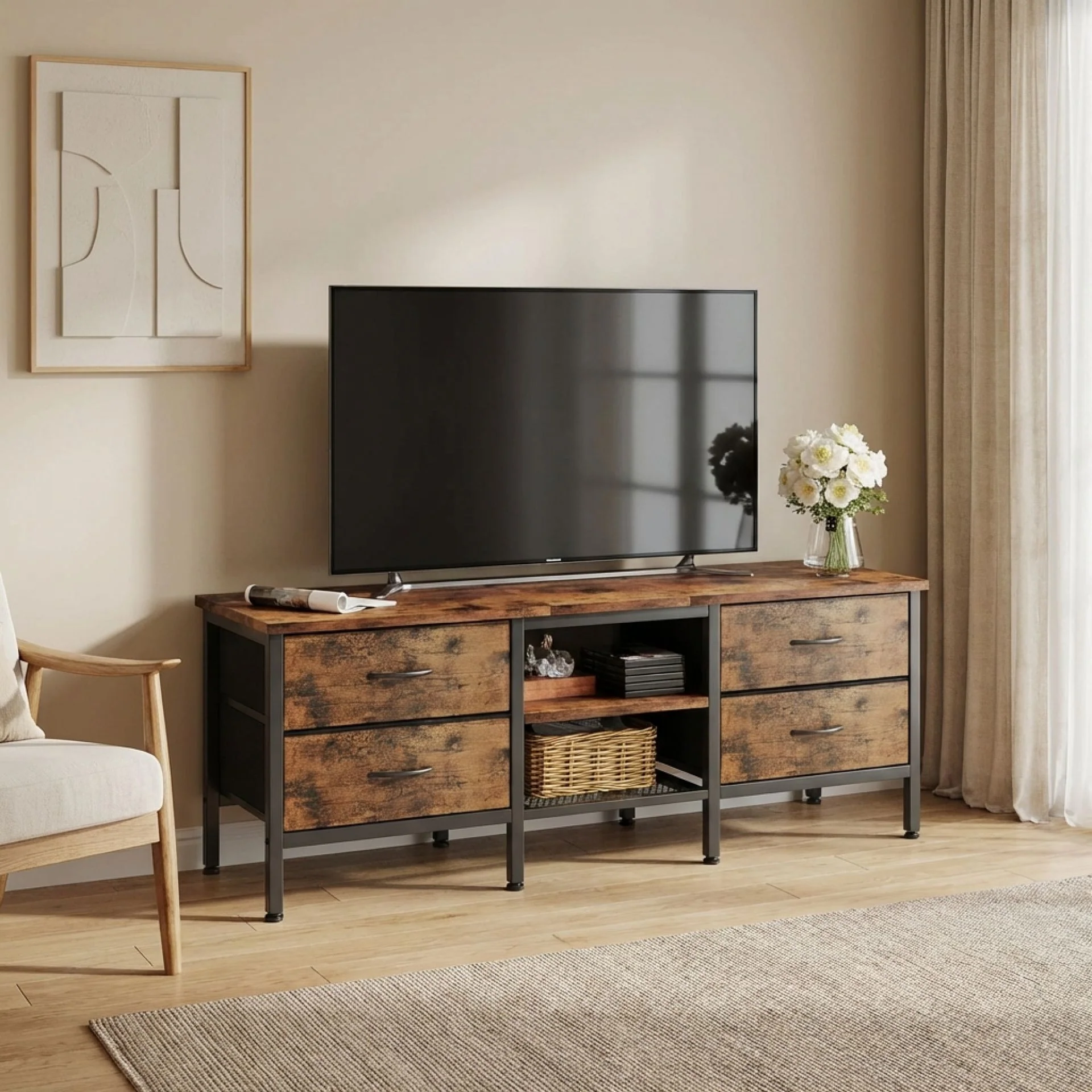 Cavalla 1.4m Entertainment Unit with Drawers - Rustic Brown - Image 4