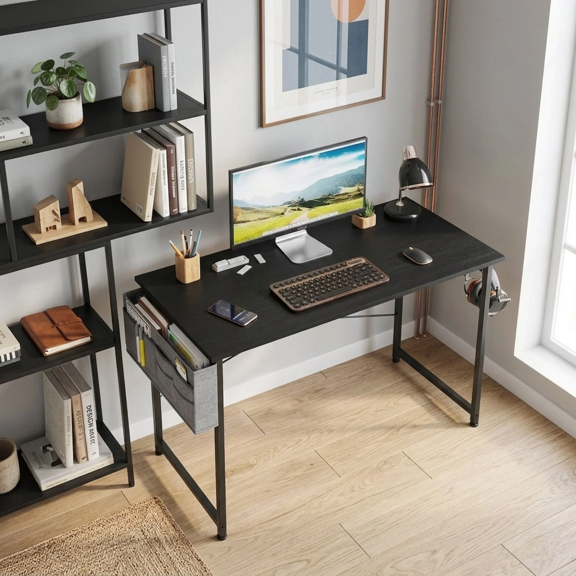 Cayden 100cm Computer Desk with Storage Bag - Black
