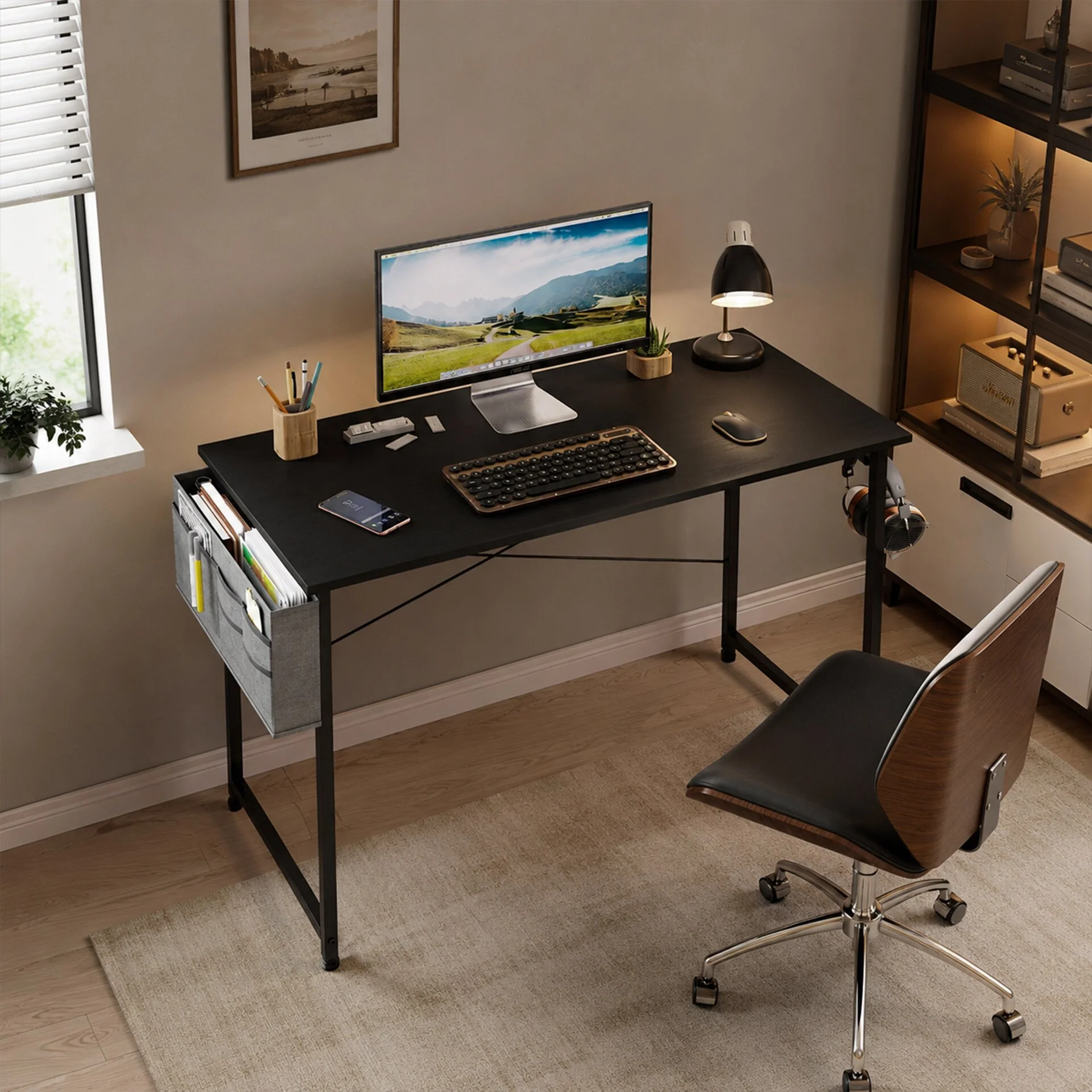 Cayden 100cm Computer Desk with Storage Bag - Black - Image 3