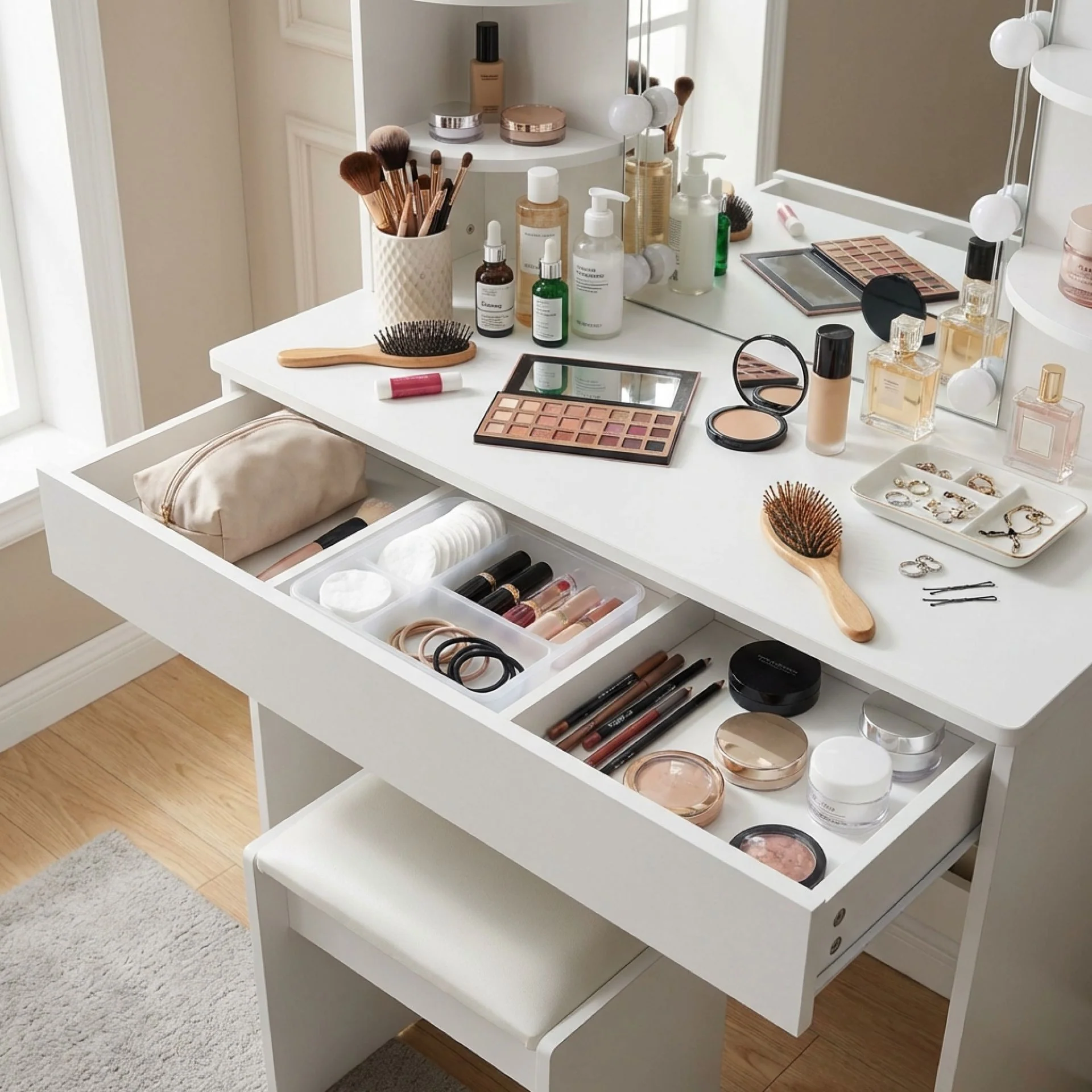 Celosia 2 Piece Dressing Table with Mirror & Stool Set - White - Image 2