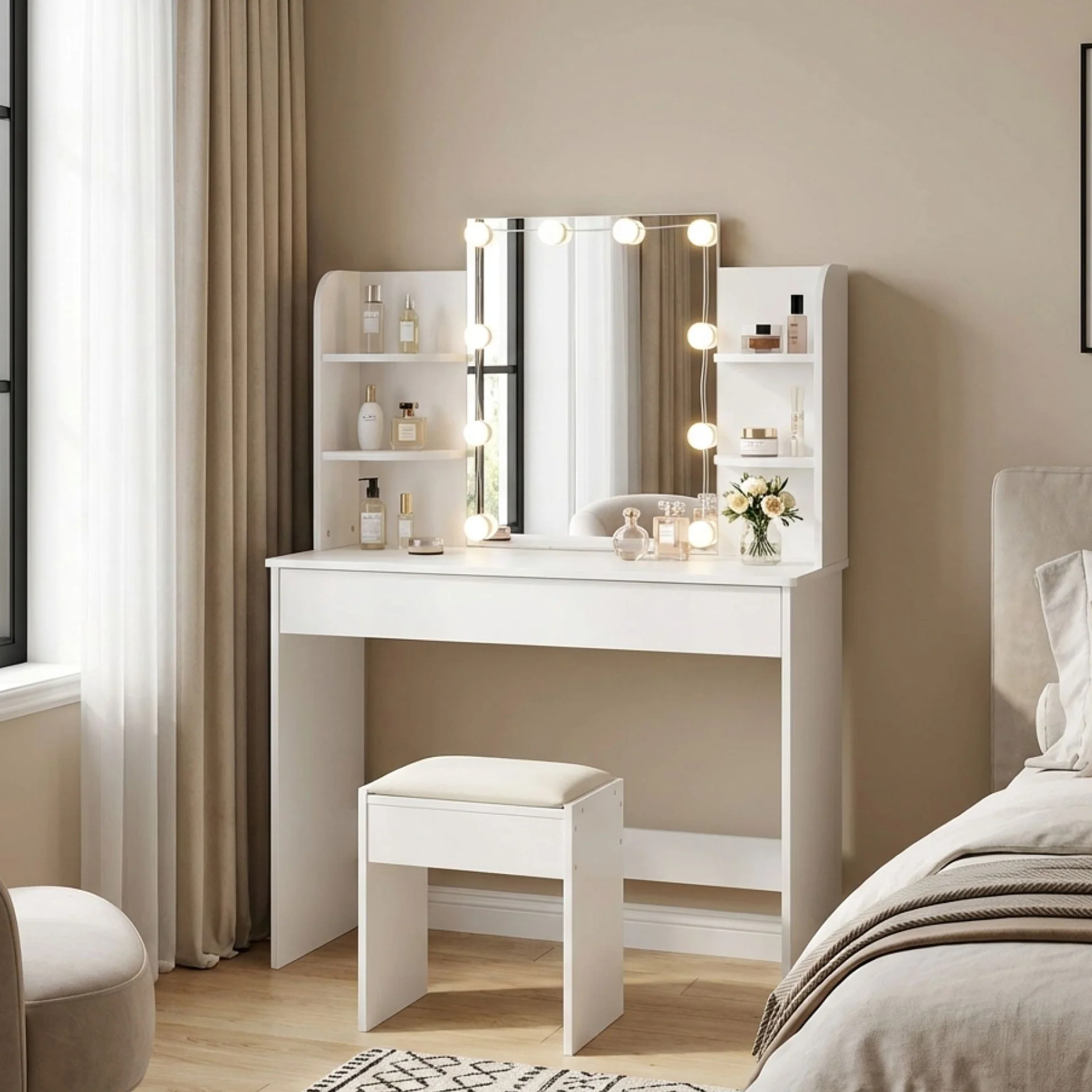 Celosia 2 Piece Dressing Table with Mirror & Stool Set - White - Image 4