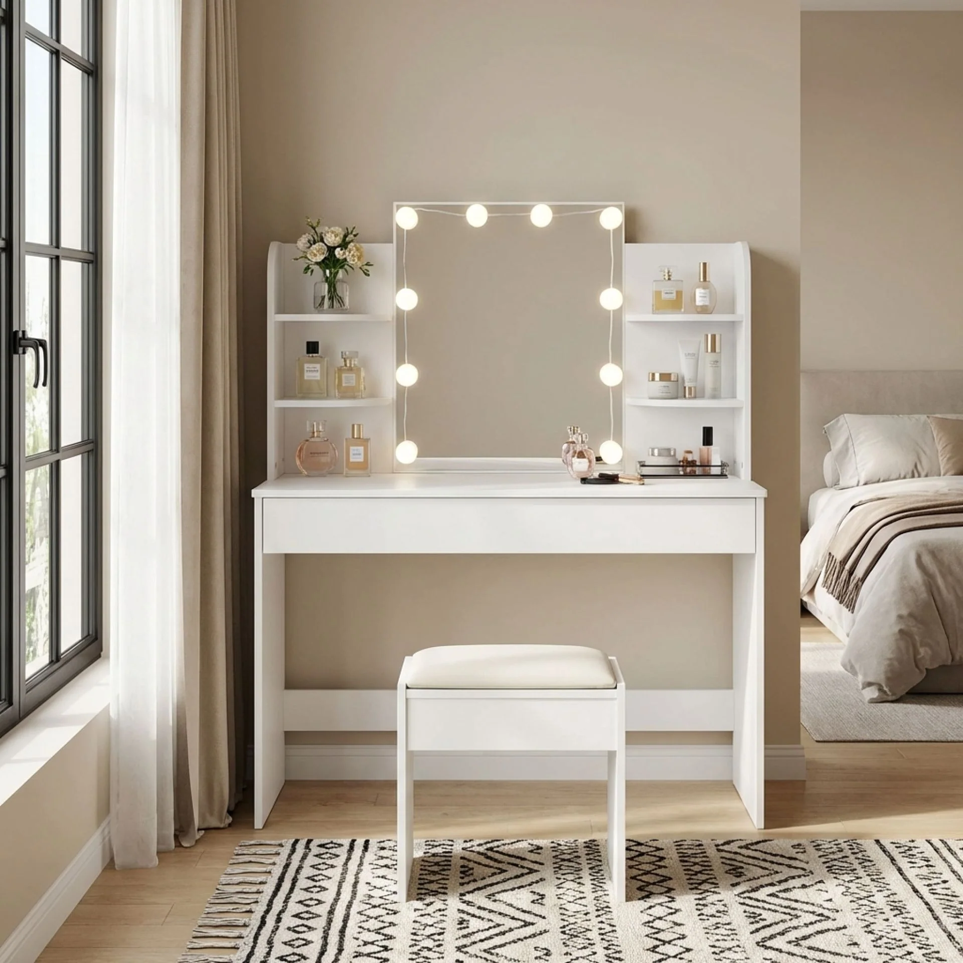 Celosia 2 Piece Dressing Table with Mirror & Stool Set - White - Image 6