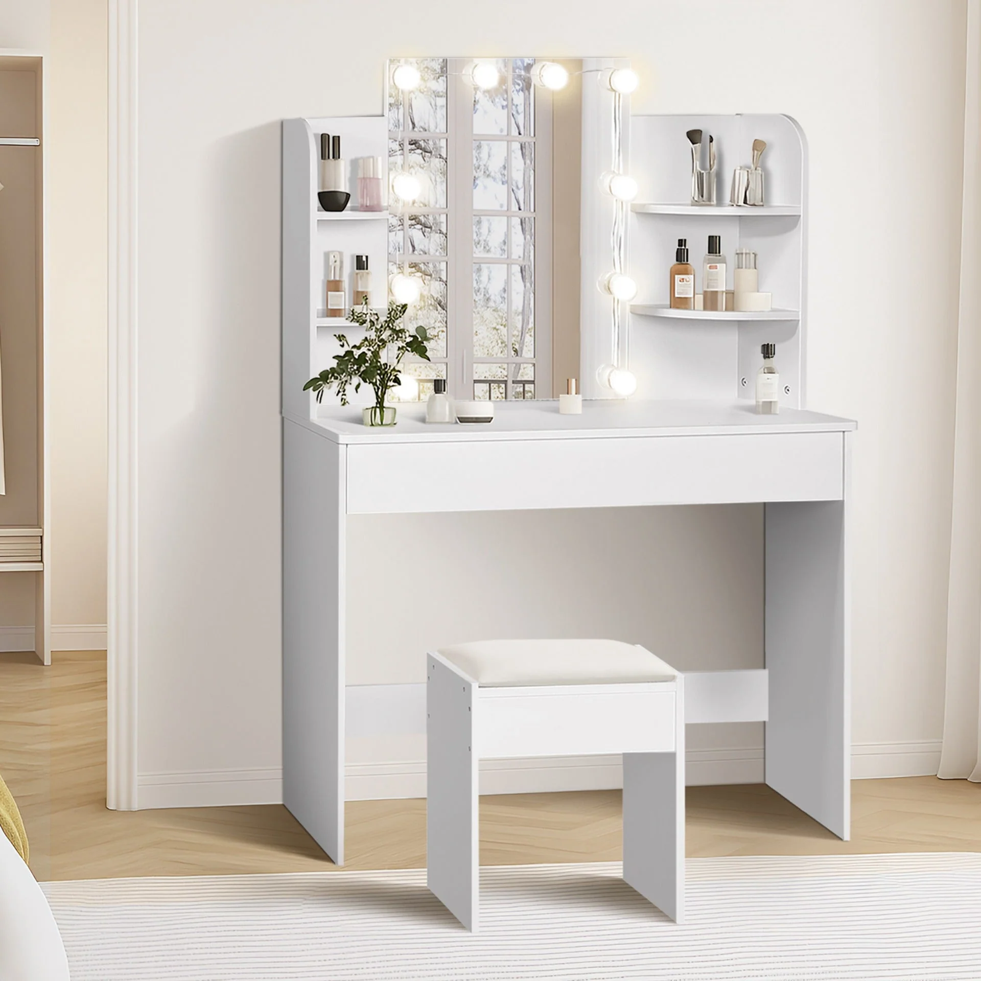 Celosia 2 Piece Dressing Table with Mirror & Stool Set - White - Image 7