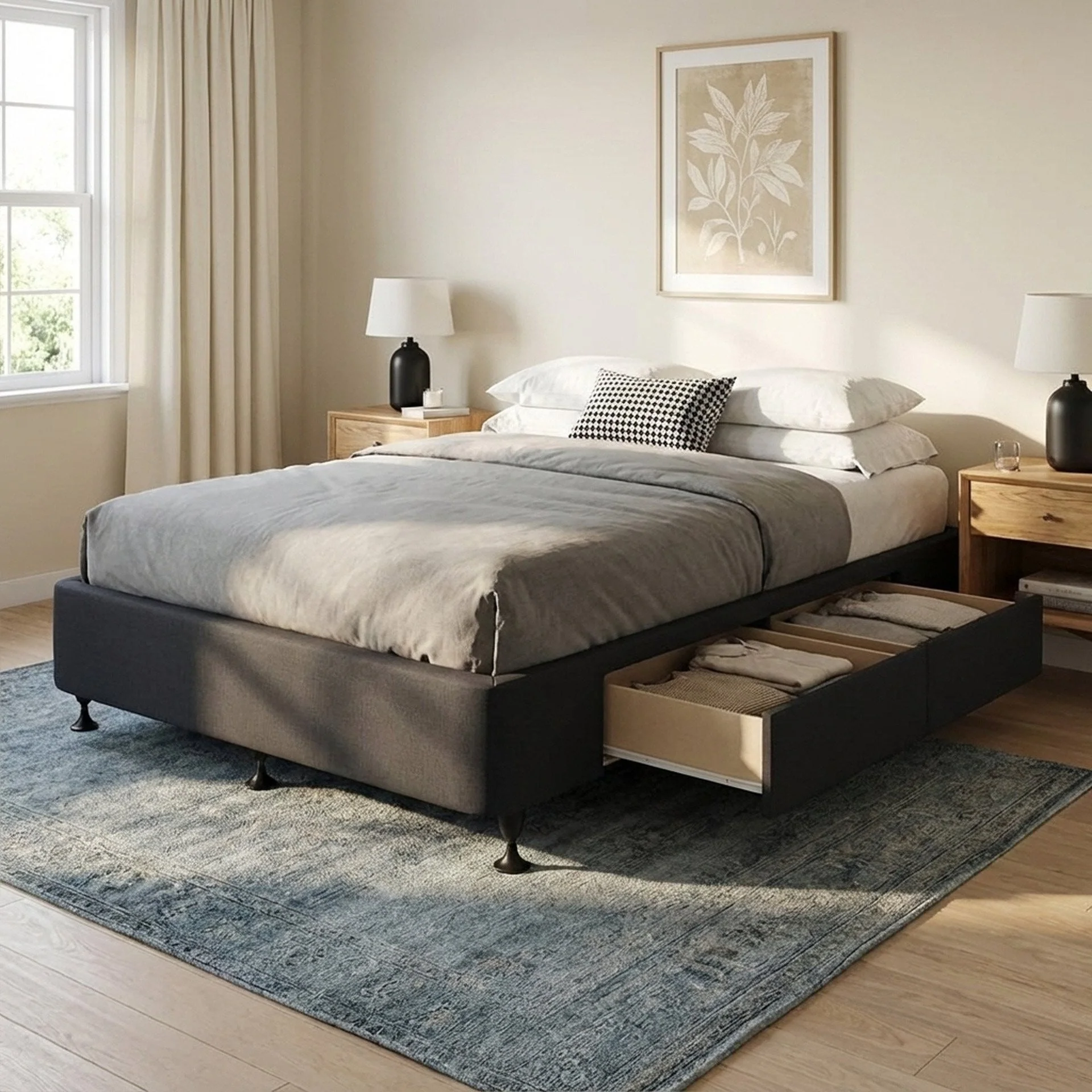 Charles Fabric Double Bed Base 4 Drawers - Black